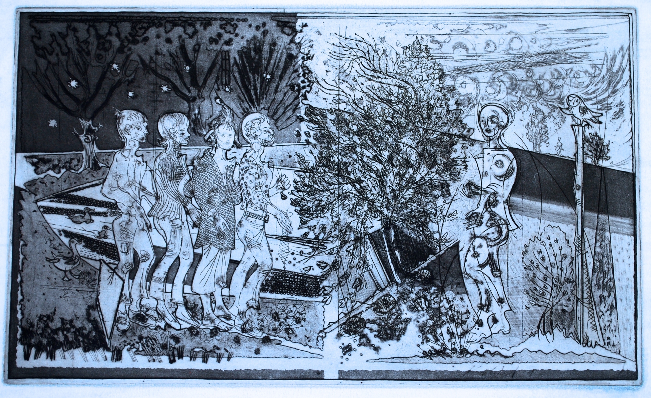  Blueblack Frieze of Figures with Tree Etching c1990, &nbsp;50 x 30 cm 