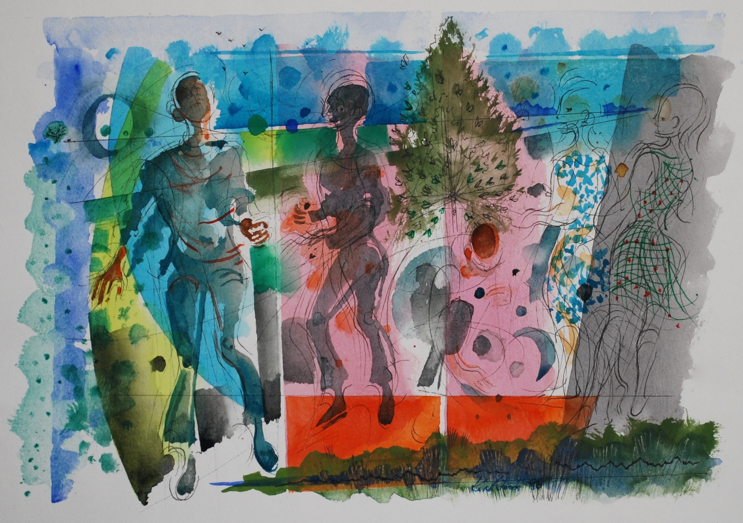  Group of Four Figures against Landscape  Watercolour &amp;&nbsp;Ink &nbsp;1994, &nbsp;40 x 25 cm 