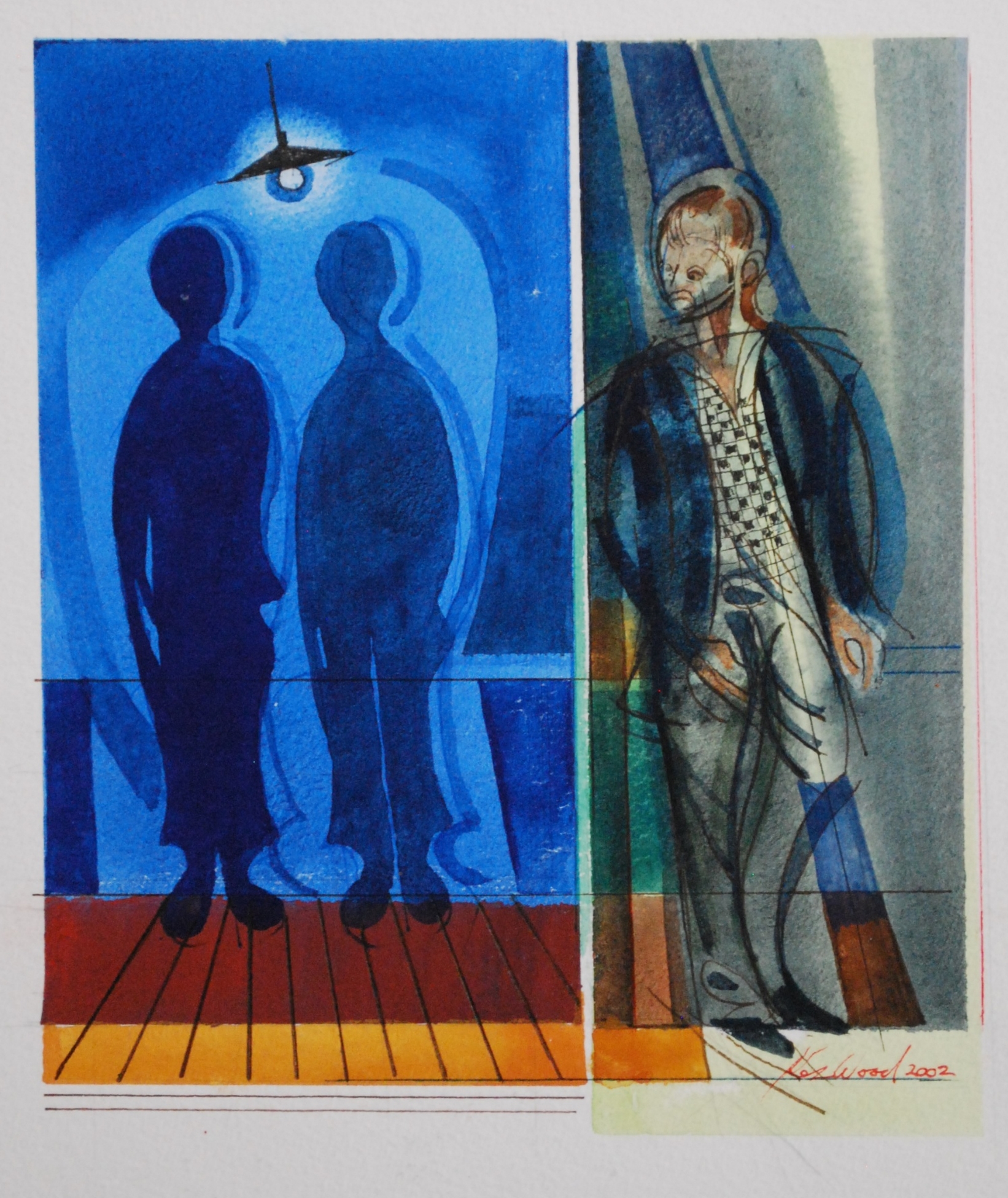  Male Figure plus Silhouettes in Blue&nbsp; Watercolour &amp; Ink 2002,&nbsp;18 x 20cm 