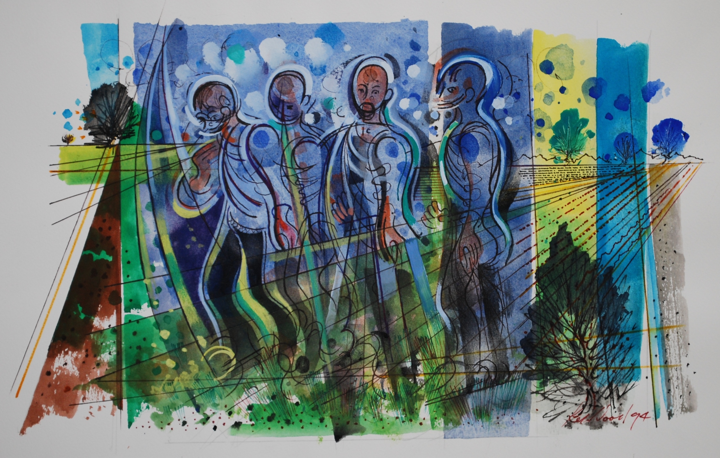  Group of Four Figures against Landscape  Watercolour &amp; Ink, 1994, &nbsp;40 x 25 cm    