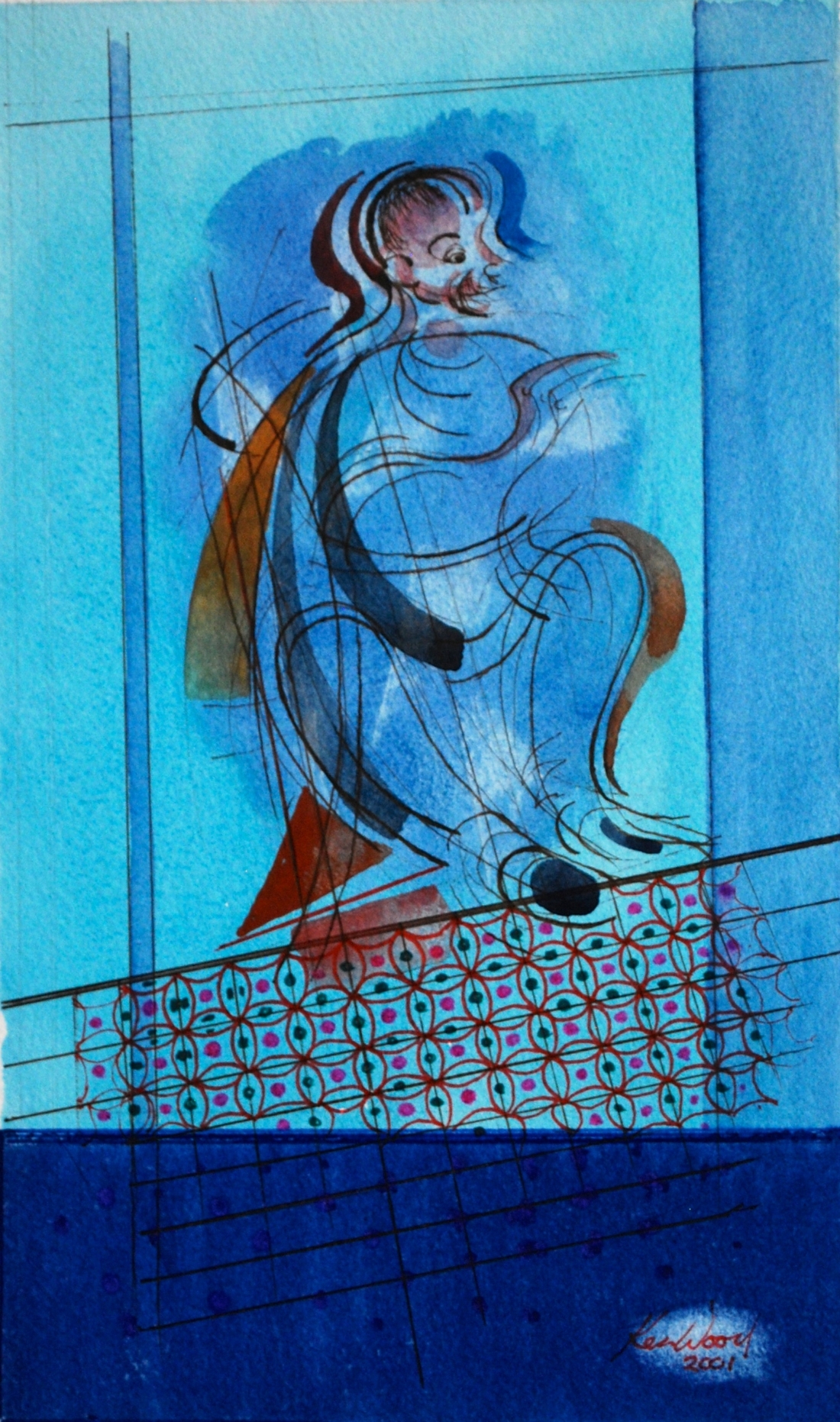  Figure Study against Blue, 2001 Watercolour &amp; Ink, 16 x 26 cm    