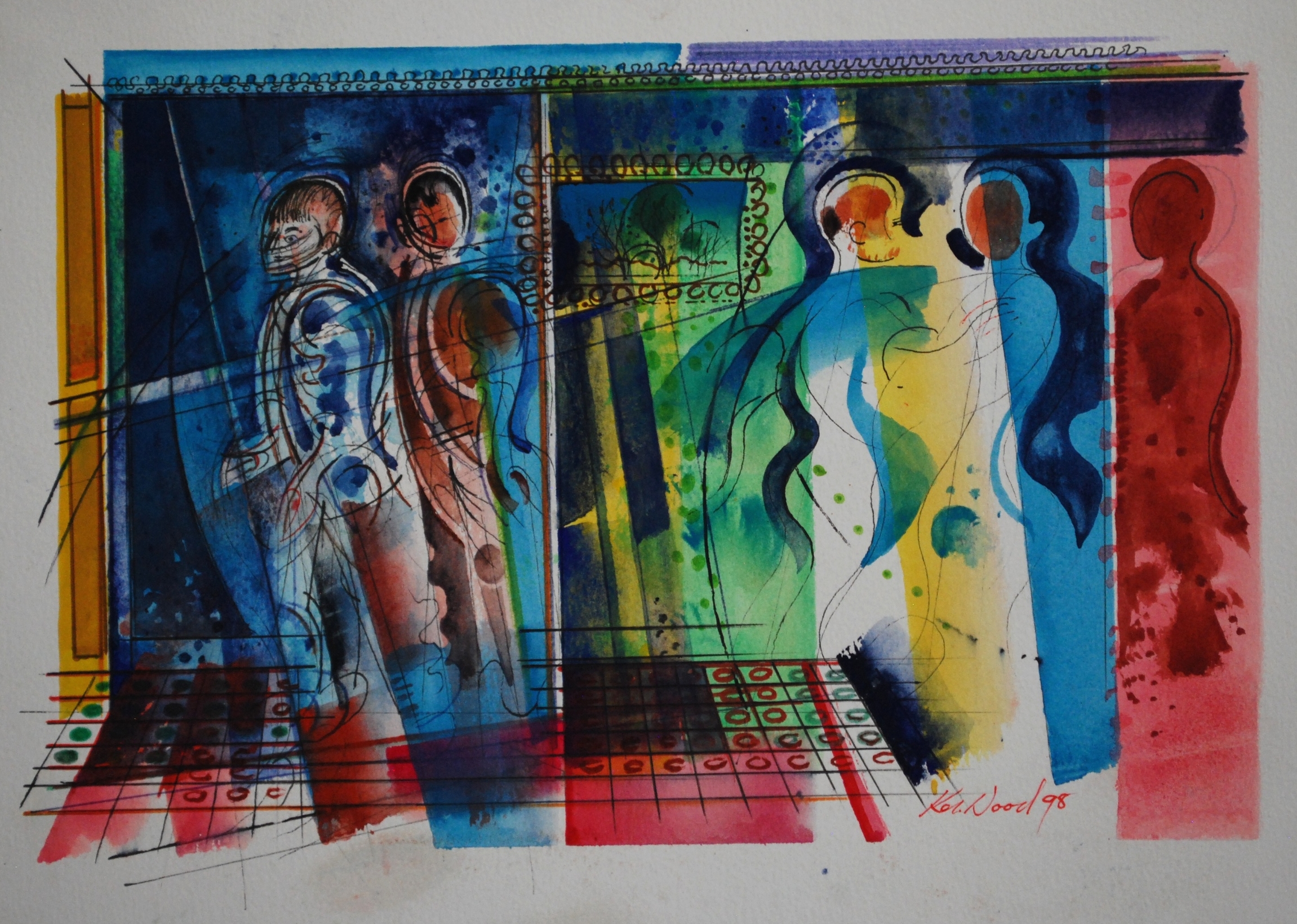 Tiled Interior with Dancing Figures,&nbsp;1998 Watercolour, Gouache &amp; Ink &nbsp;35 x 24&nbsp;cm    