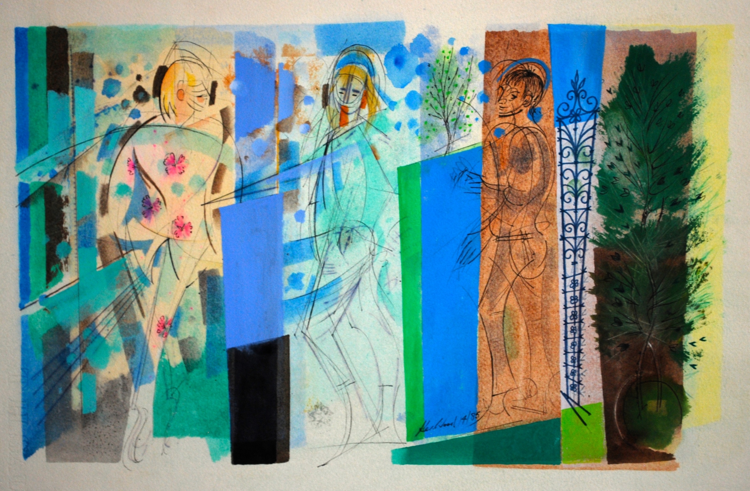  Frieze of Figures against Landscape, 1985  Watercolour, Gouache &amp; Ink, &nbsp;47 x 30 cm&nbsp;    