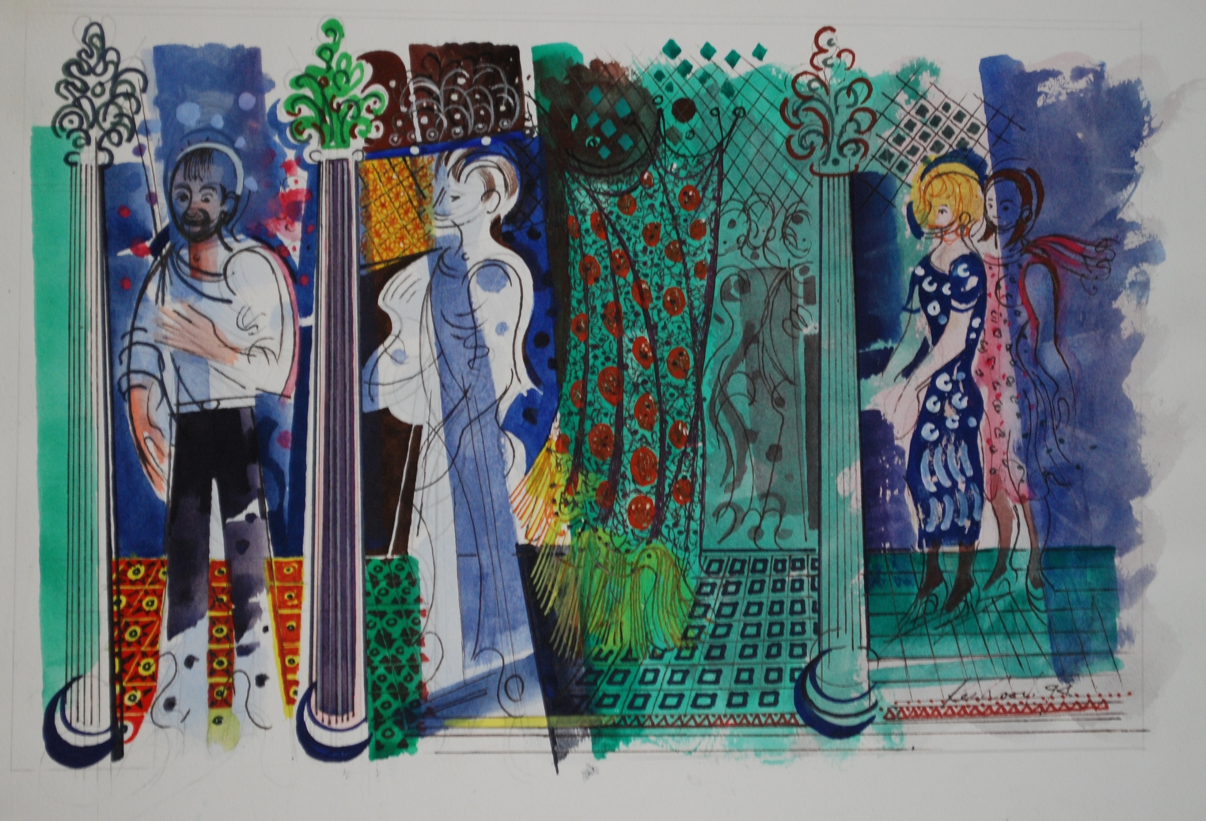 Frieze of Figures with Curtain Watercolour 1994,&nbsp;42 x 28&nbsp;cm 