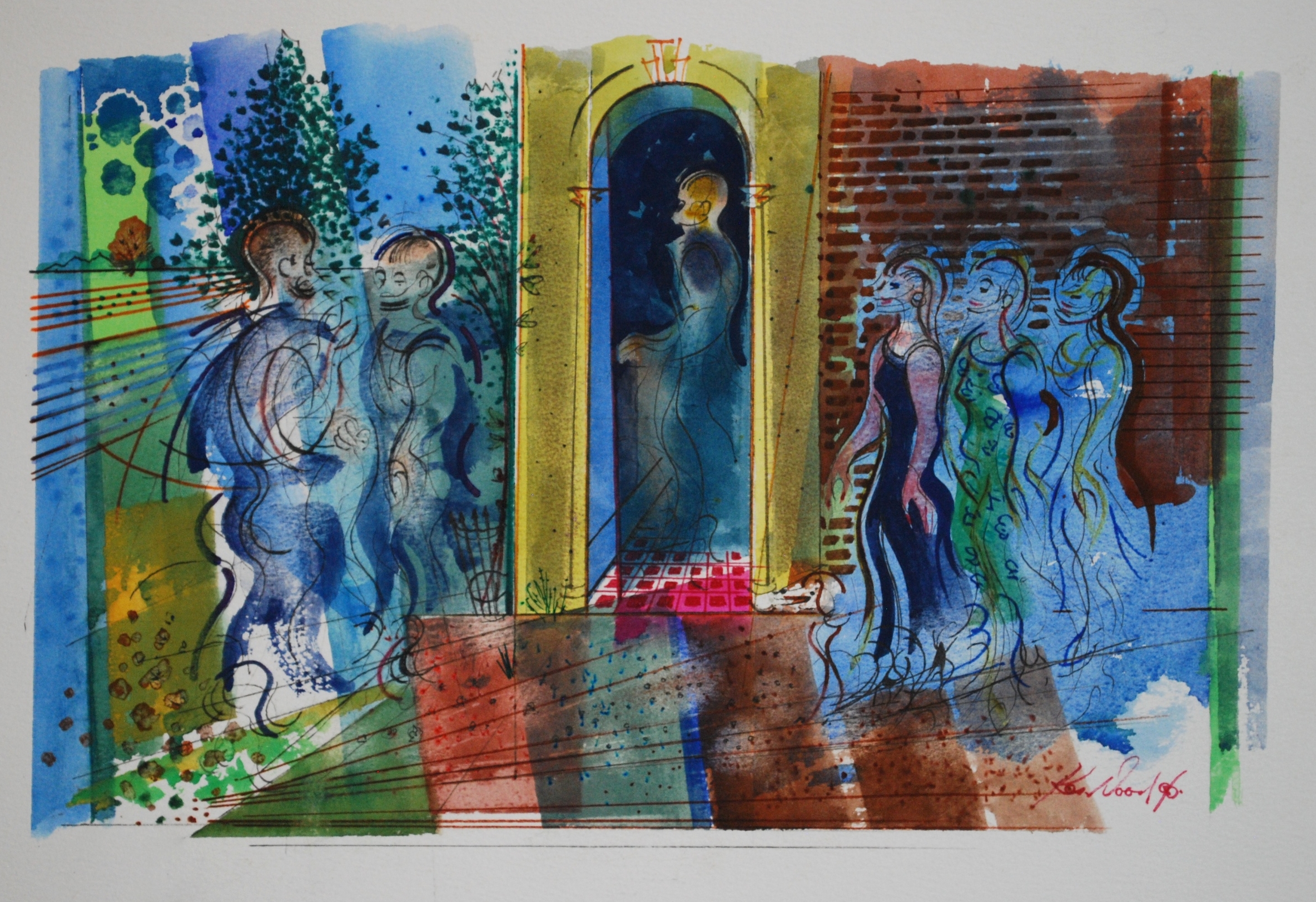 Figures with Archway&nbsp;1996 Watercolour &nbsp;37 x 25 cm 