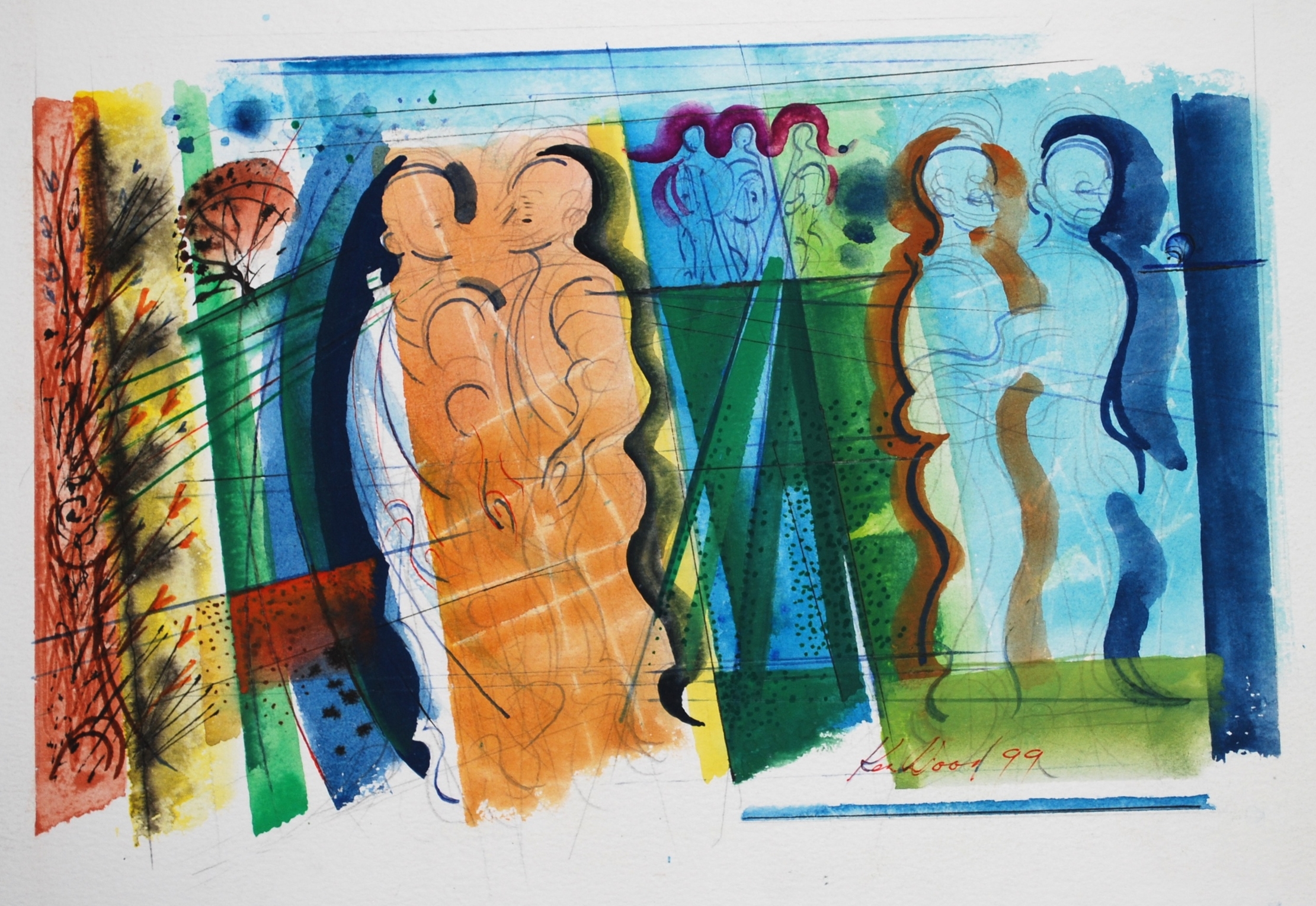  Frieze of Figures, 1999 Watercolour &amp; Pencil &nbsp;34 x 22cm    