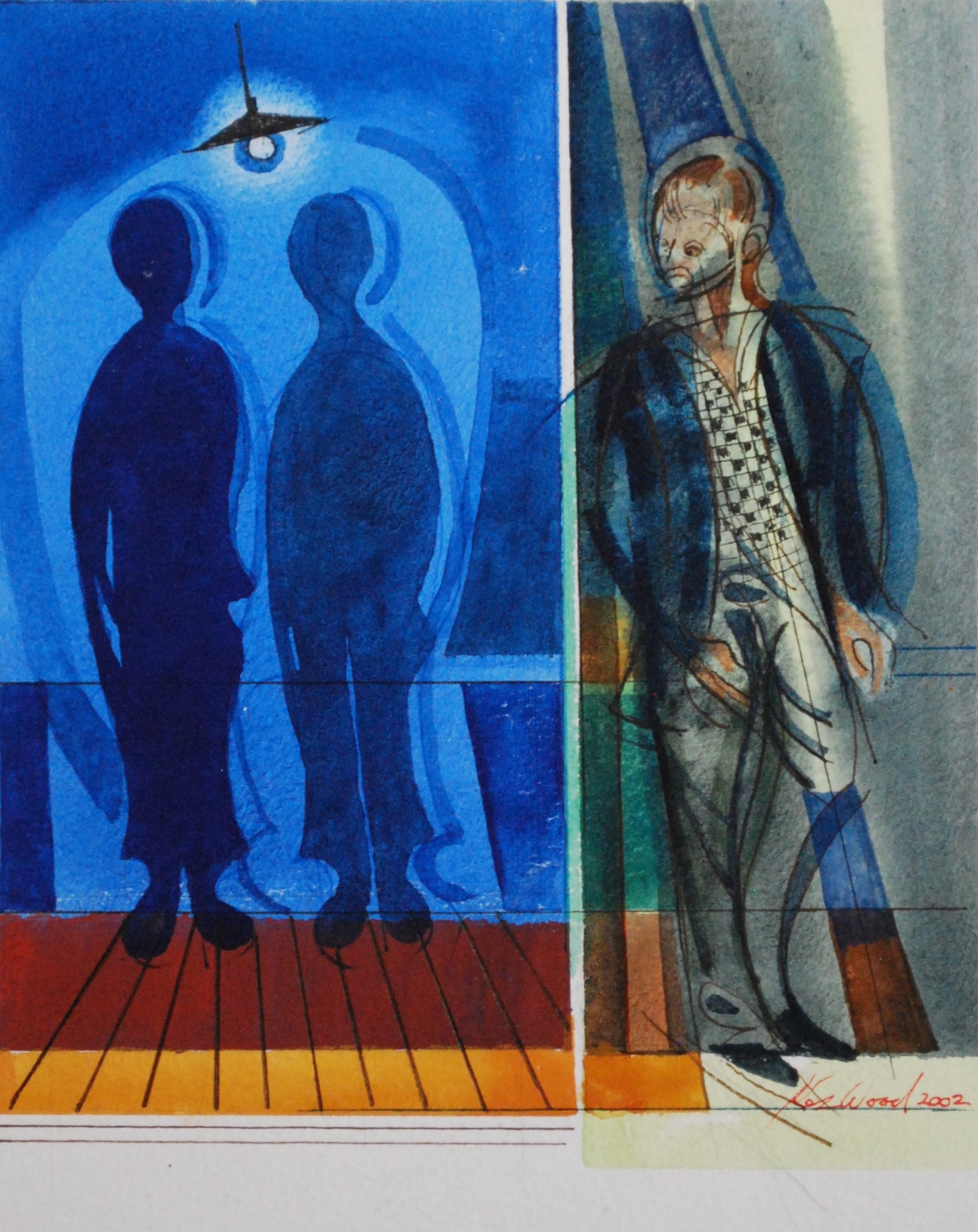  Male Figure plus Silhouettes in Blue Watercolour &amp; Ink, 2002,&nbsp;18 x 20cm 