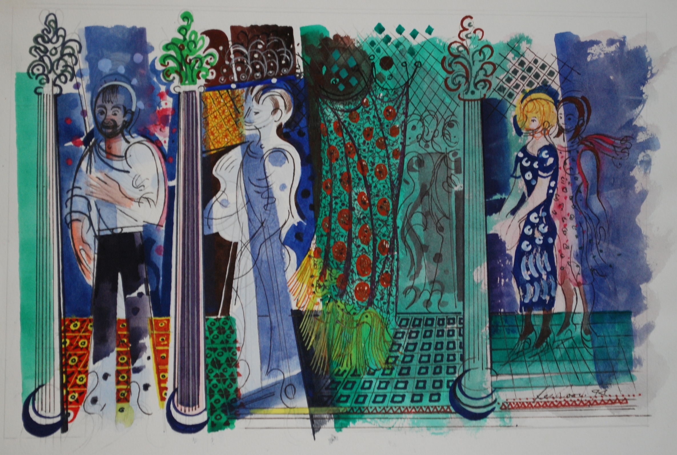  Frieze of Figures with Curtain Watercolour 1994, 42 x 28 cm 