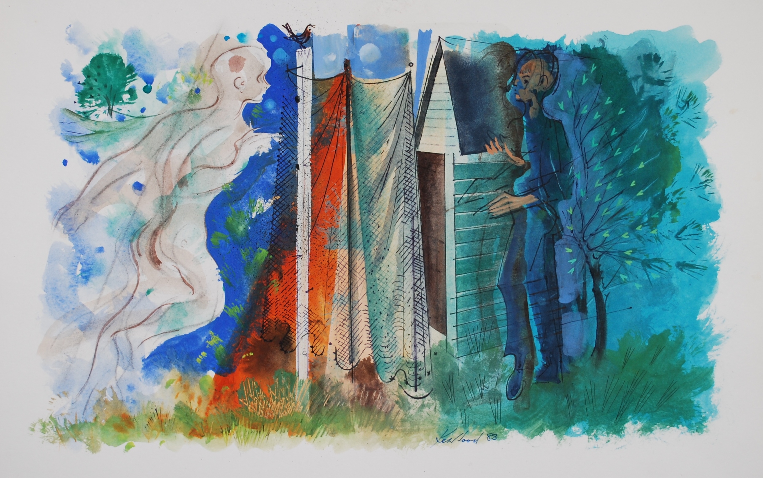  Figure Fleeing in Landscape, 1983 Watercolour, Gouache &amp; Ink &nbsp;51 x 33cm 