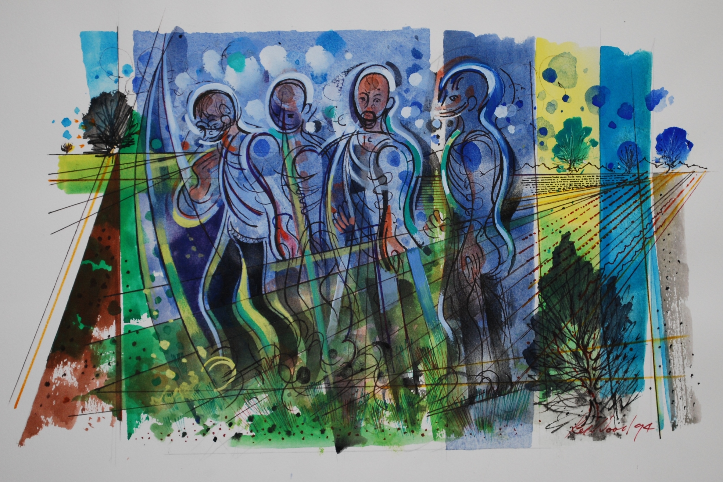  Group of Four Figures against Landscape  Watercolour &amp; Ink 1994, &nbsp;40 x 25 cm 