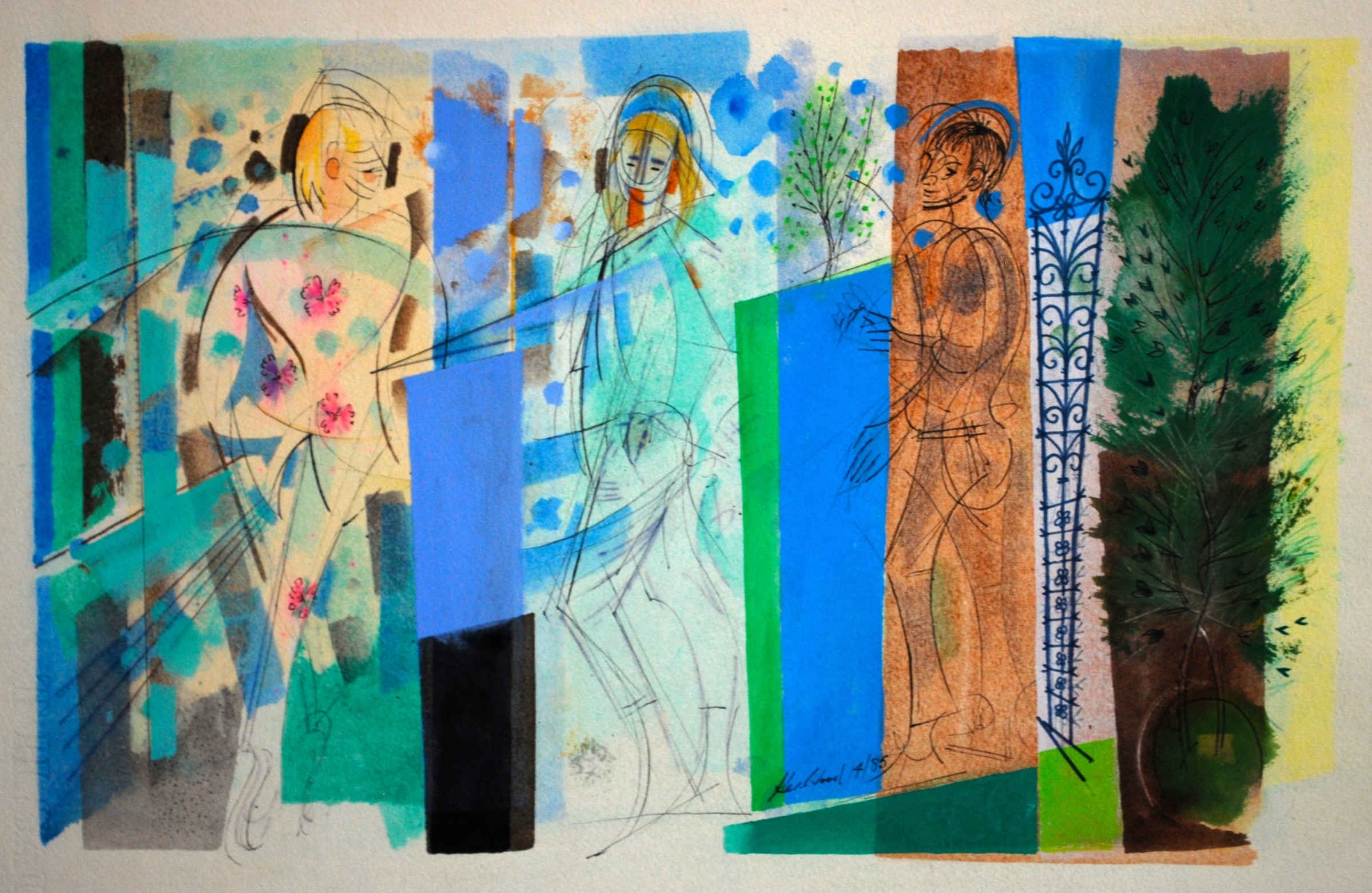  Frieze of Figures against Landscape,1985  Watercolour, Gouache &amp; Ink &nbsp;47 x 30 cm 