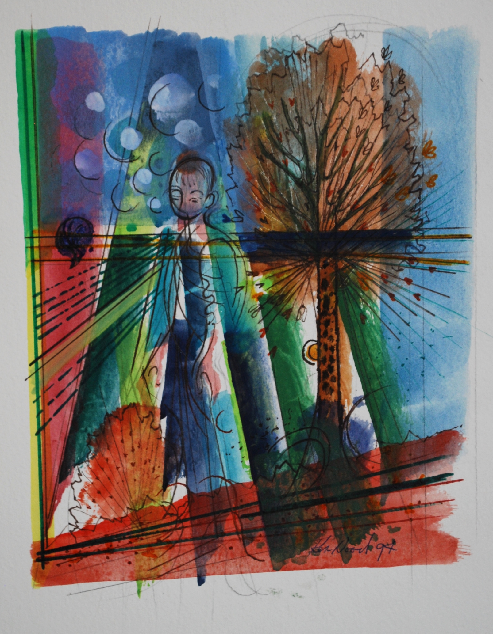  Figure with Tree, 1994 Watercolour &amp; Ink &nbsp;21 x 26cm 