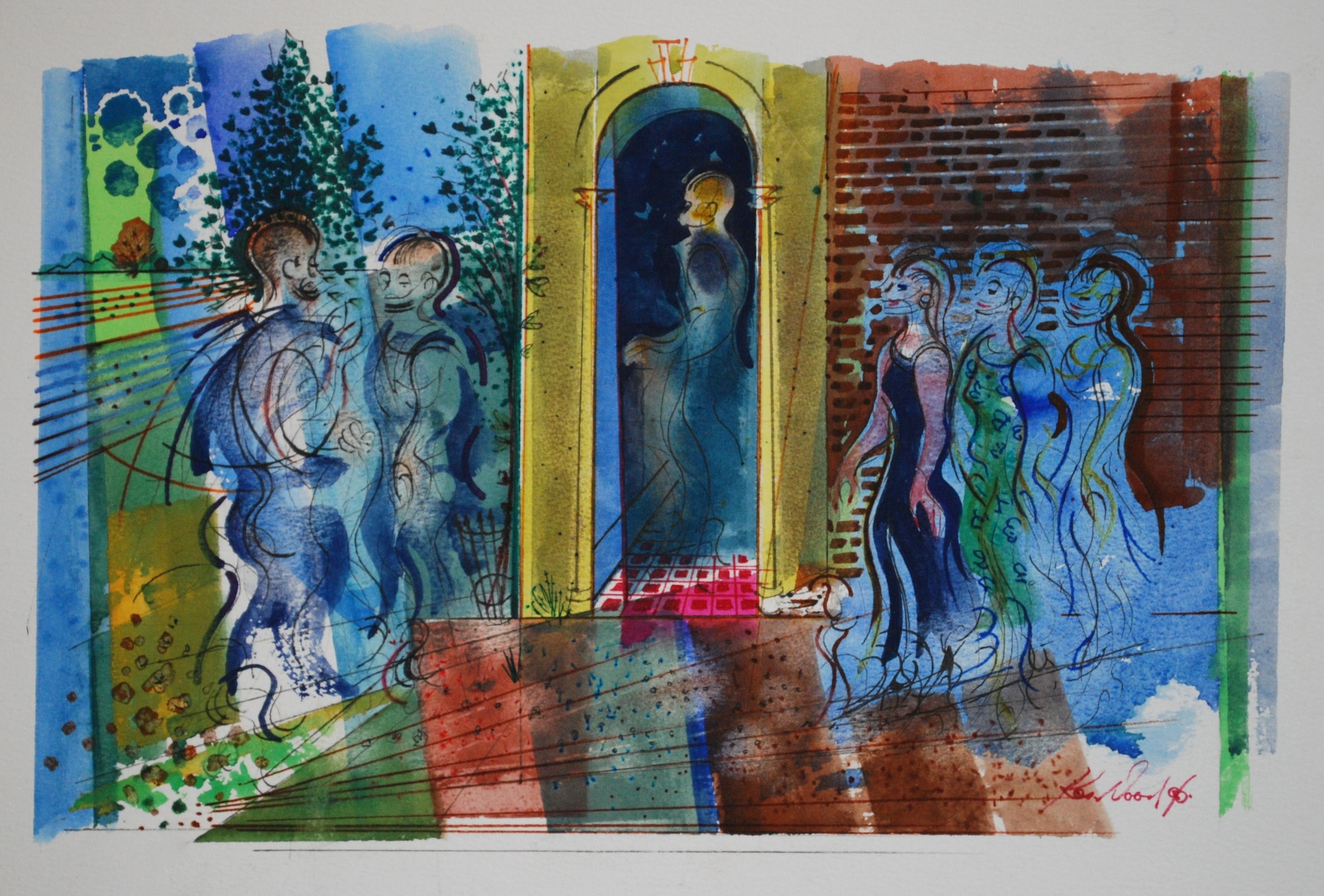  Figures with Archway, 1996 Watercolour &nbsp;37 x 25 cm 