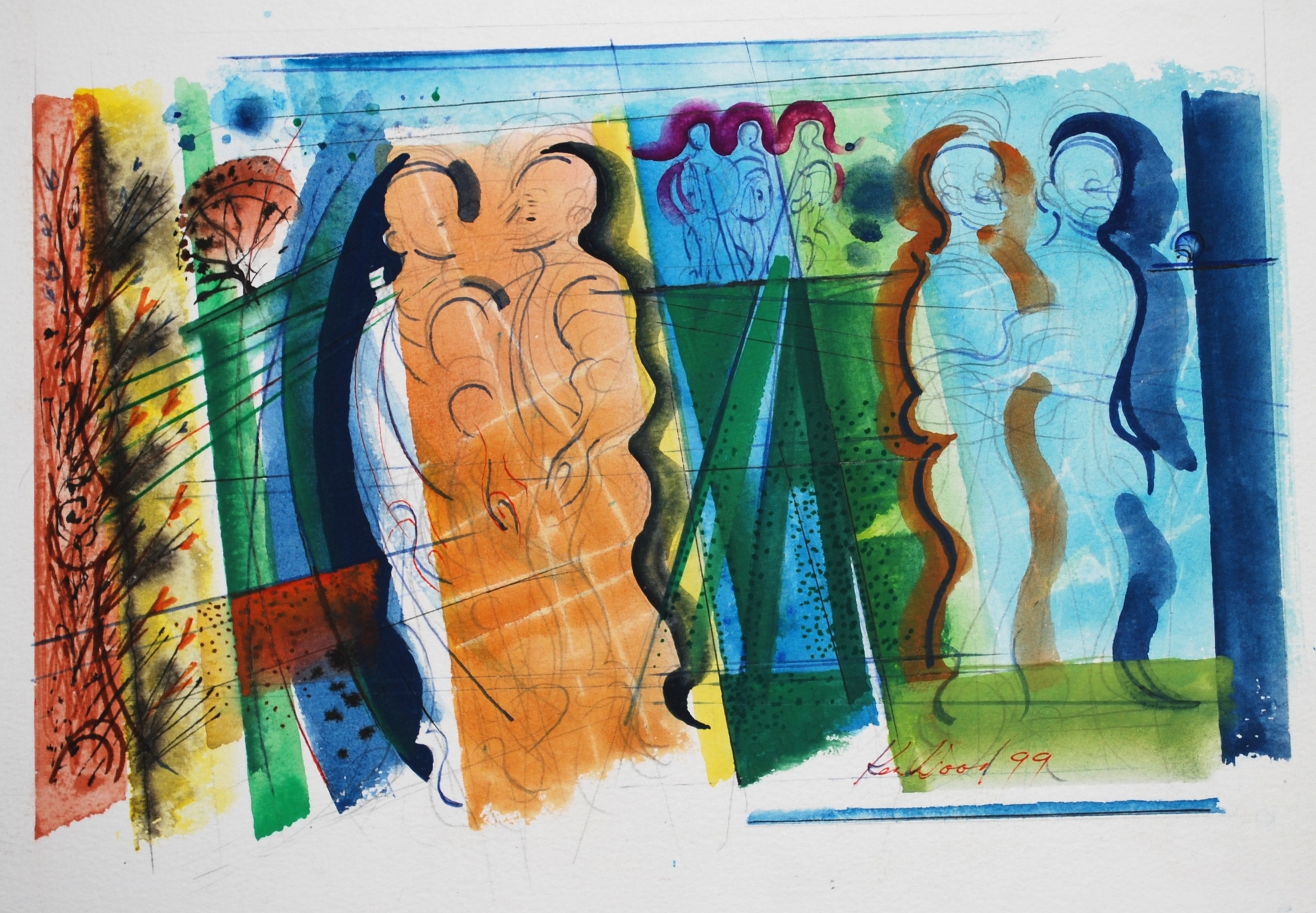  Frieze of Figures, 1999 Watercolour &amp; Pencil &nbsp;34 x 22cm 