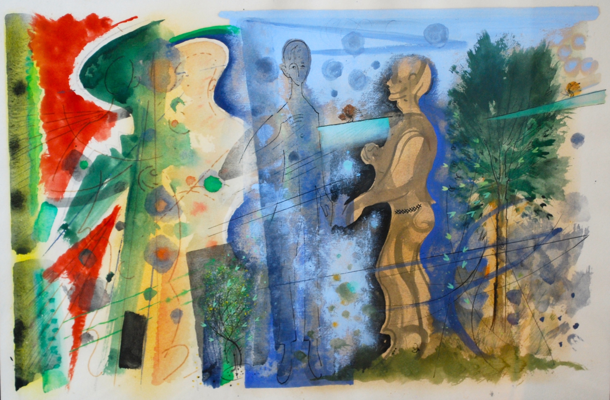  Figures in Landscape, c1978 &nbsp;(Framed) Watercolour &amp; Gouache &nbsp;50 x 33 cm 