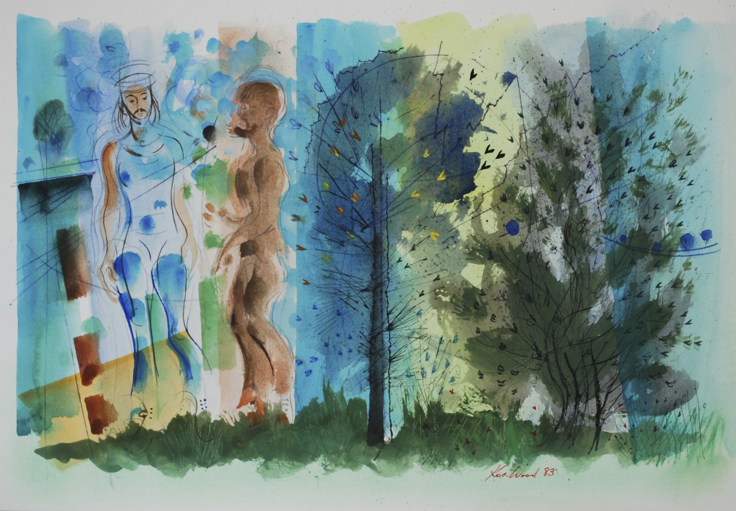  Two Figures and Landscape, 1983 Watercolour &amp; Ink &nbsp;48 x 33 cm 