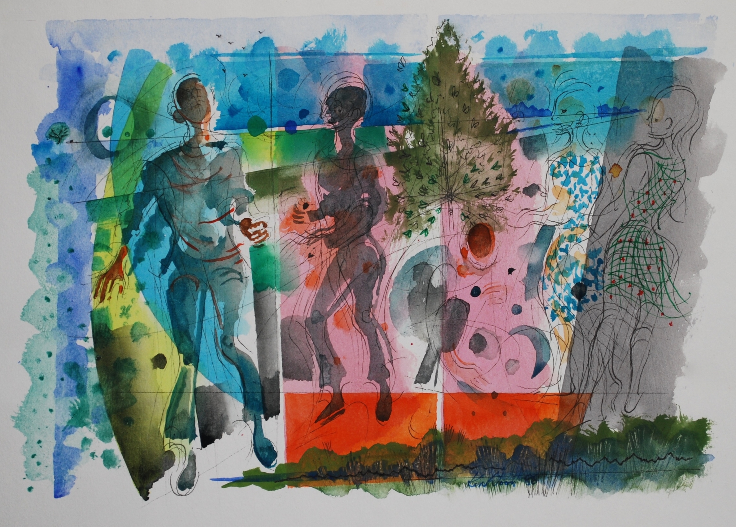  Group of Four Figures against Landscape  &nbsp;Watercolour and Ink 1994, &nbsp;40 x 25 cm 