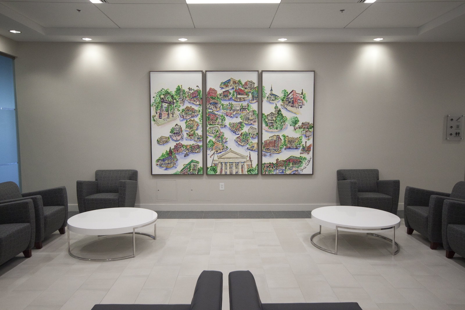 Downtown Athens with News Building Triptych 2015 Ink and watercolor on aluminum panels 6x9ft (3 panels, each 6ft tall x 3ft wide) Located in lobby of One Press Place Building, 1 Press Pl, Athens, GA Photo credit: Robert Lowery