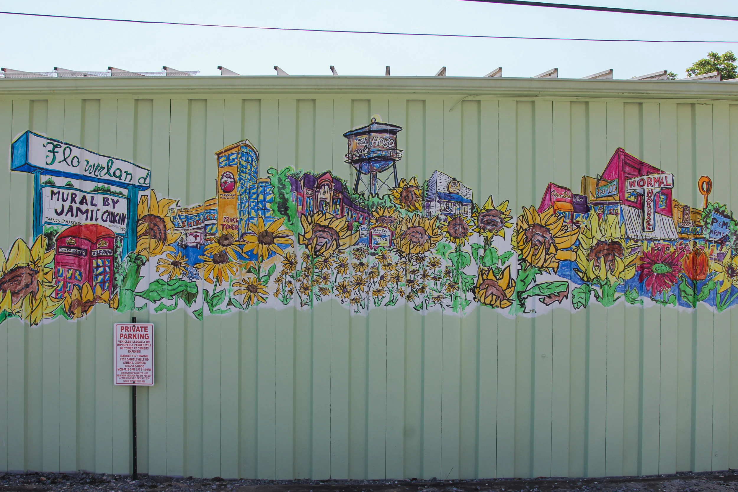 Flowerland Mural (i shared folder) - photo credit: Reann Huber Started 2015, Completed 2016 Waterproof Inks on corrugated siding 3 sides: 2 sides 4x40ft, front side 2x30ft Located 823 Prince Ave, Athens, GA photo credit: Reann Huber