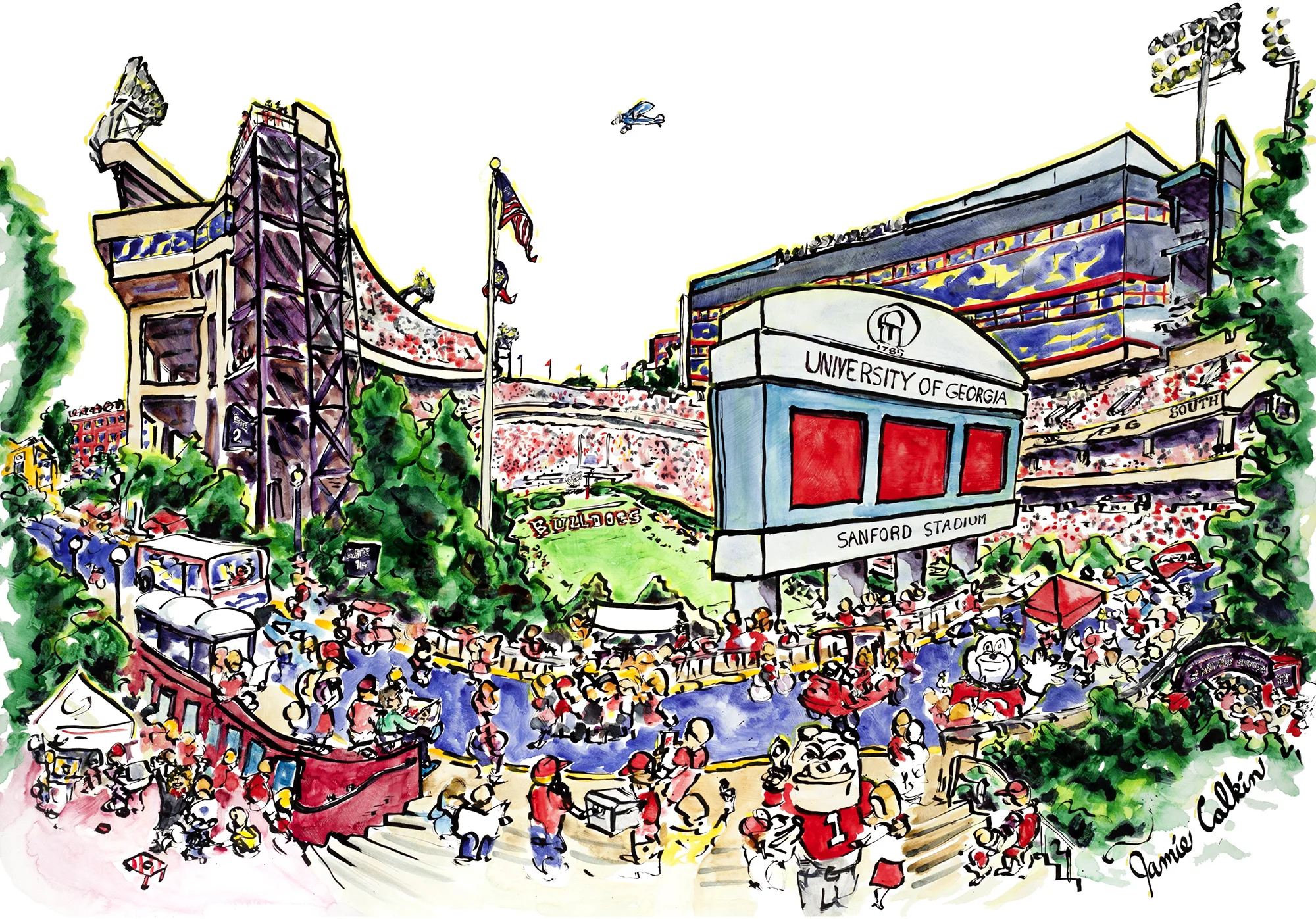 Sanford Stadium with Spike 2015 Ink and watercolor on aluminum panel 36x48in Private collection