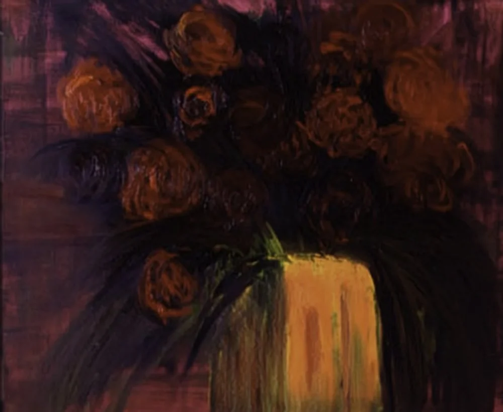 SOLD to a Collector in Cape Town.  'Mad Red Flowers'  Oil on Board H88 x W95cm Framed.