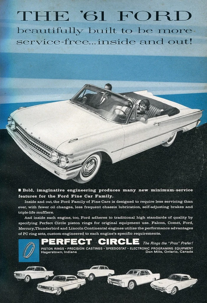 This advertisement is more subtle, but it still assumes that women want a less intensive driving experience. The 1961 Ford lineup is being advertised as "service-free" and "minimum-service." These, of course, are features that any car buyer wants. There is no overt statement here that "ladies like" a low-maintenance vehicle. However, in this image selling ease of use, Ford has given us a female driver. In other ads for the same family of vehicles, where we have images of male drivers, there is no mention of easy service or minimal maintenance requirements. It is subtle, but this advertisement suggests that female drivers in particular want to own a car that is easy, while men can 'handle' something more challenging. '61 Ford. Popular Science , Sept. 1961. Advertisement. 