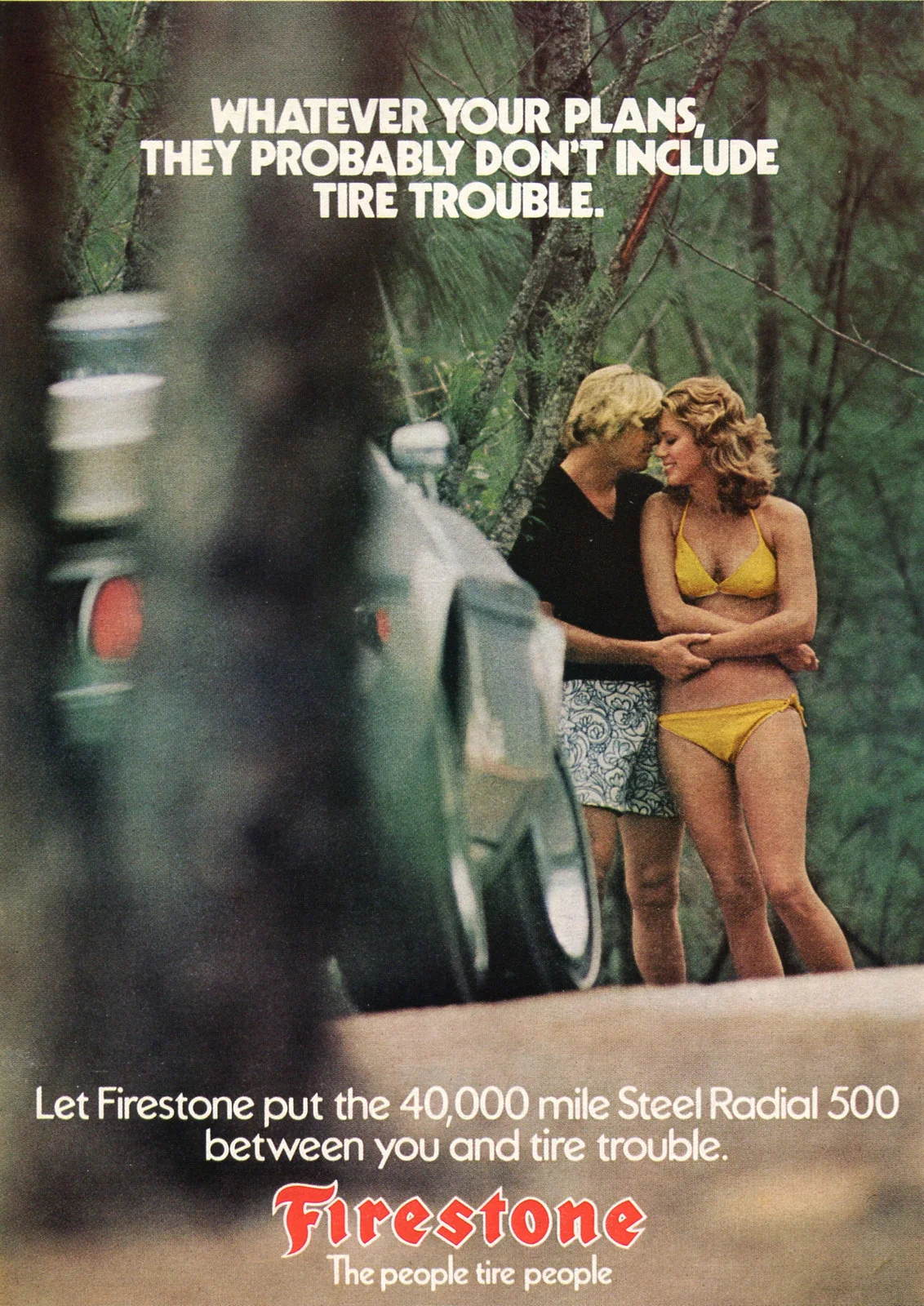 Parts manufacturers were much more daring with the images of women they employed. For this Playboy ad, Firestone managed to sexualize something as mundane as the tire. This sort of sexually suggestive image is not at all unusual. In order to sell its tires, Firestone attempts to seduce buyers by showing an image of a nearly-naked woman. There is only a tangential relationship between the visual content of the advertisement (a countryside tryst) and the product being sold (tires). It is suggested that the innuendo ("whatever your plans") is made possible by high-quality tires. The woman really has nothing to do with the product, but that doesn't really matter—as long as she catches your eye, Firestone has gotten what it wants. Tire Trouble. Playboy, Aug. 1973. Advertisement. 
