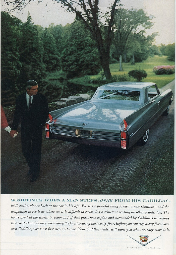 Yes, there is actually a woman in this ad. Look more closely—on the left, we see a woman's hand, presumably belonging to the man's wife. This ad is all about the male driving experience. It's about what happens "when a man steps away from his Cadillac." For a man, it's "a prideful thing" to be "in command" as a Cadillac owner. So, with an intended audience that is male, why even include this fraction of the woman's body? The disembodied hand serves as another visual marker of the ideal man. You want to be like this man—he is powerful, he is wealthy, and he has a loving wife. The personhood of the woman is not important. What is important here is the fact that the man seems to possess her. A Man Steps Away From His Cadillac. National Geographic , Feb. 1963. Advertisement. 