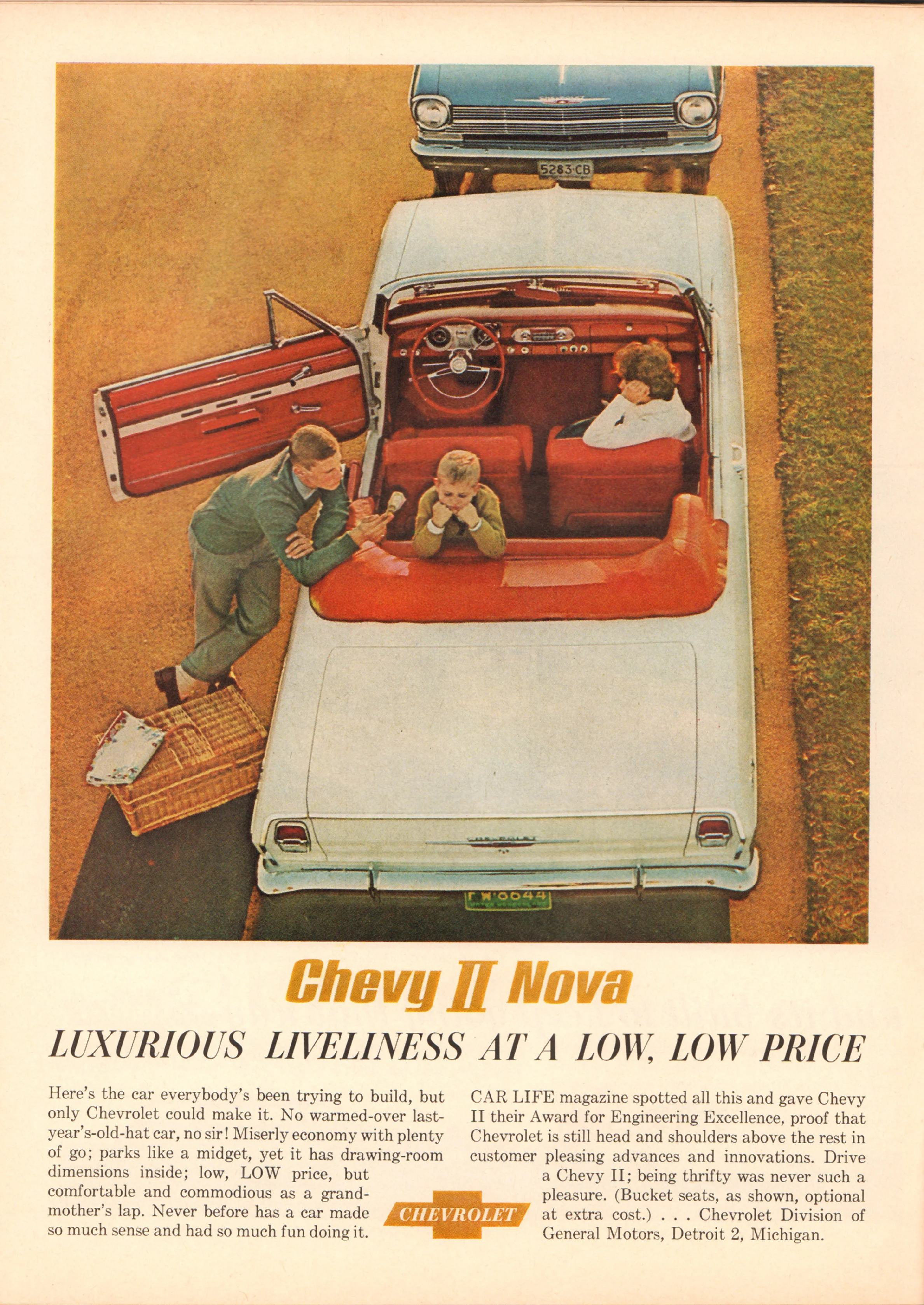 It is not exactly clear what is taking place in this advertisement for the second-generation Chevrolet Nova. We see a family who appear to be on a road trip. While the father appears to be handing the child a dollar bill, perhaps for a snack or a toy to get him through the drive, the mother remains seated in the front seat, frustrated or bored. This is an unusual family scene for a car advertisement, but it nonetheless fits into the trope of The Mother . Though the mother is not completing any care work herself, her child appears to be a source of vexation. Thus, for the stressed mother, the advertisement suggests, this car is the solution. The scene is confusing, but it is still an example of a car being presented as a tool to aid in motherhood. Chevy II Nova. Time , March 1962. Advertisement. 