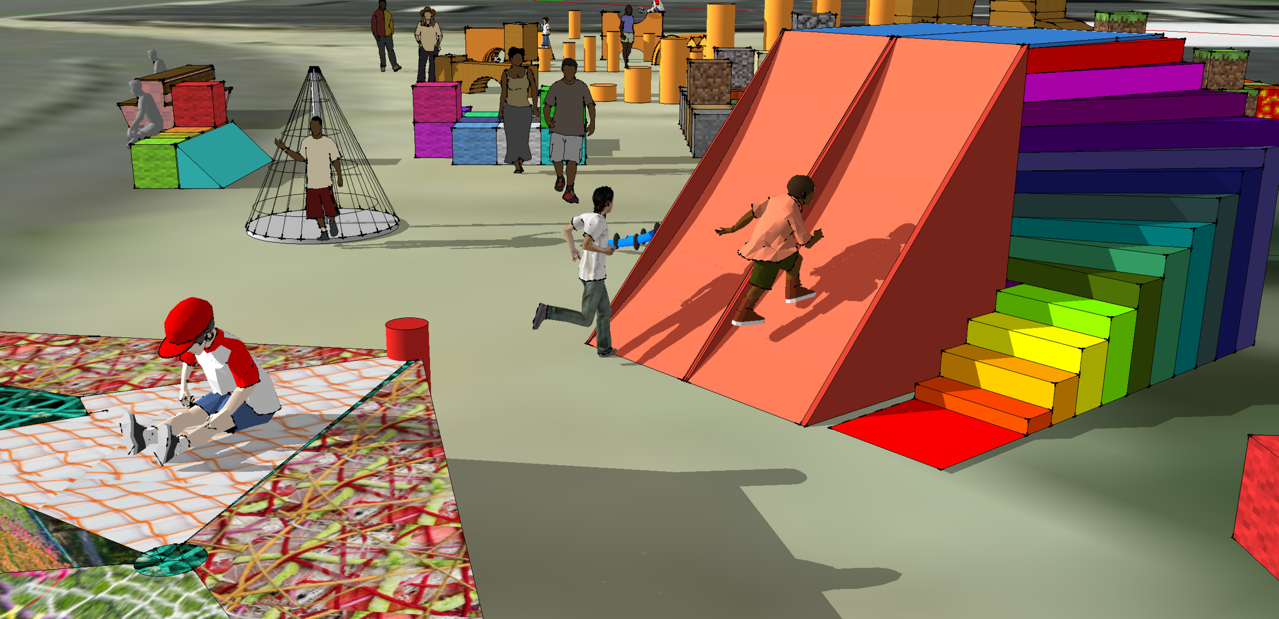 View of the Ninja Warrior Inspired Wall and Slide. Rendering by Alexandra Bowen.