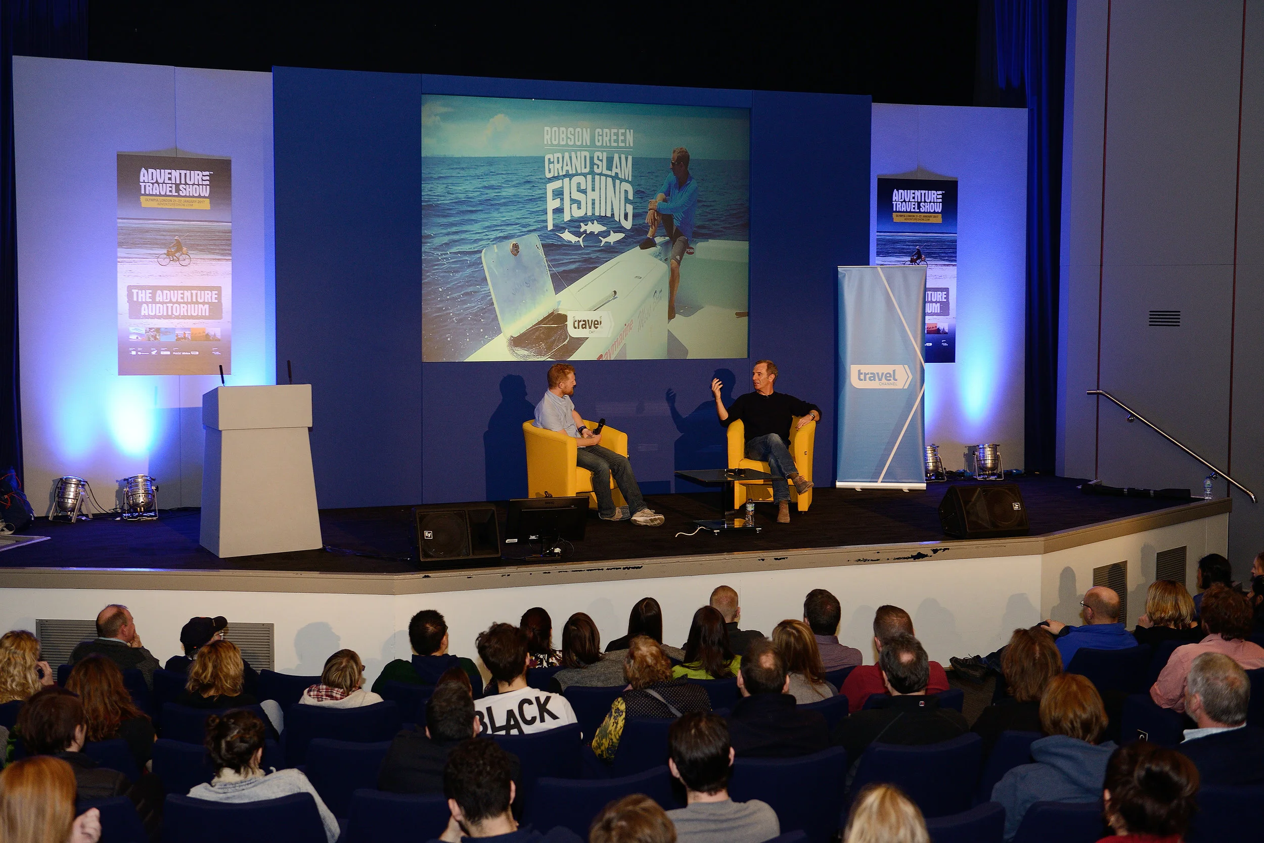 Dave interviews actor and extreme fisherman Robson Green on stage at the Adventure Travel Show, 2016. Photo by Steven Peckett