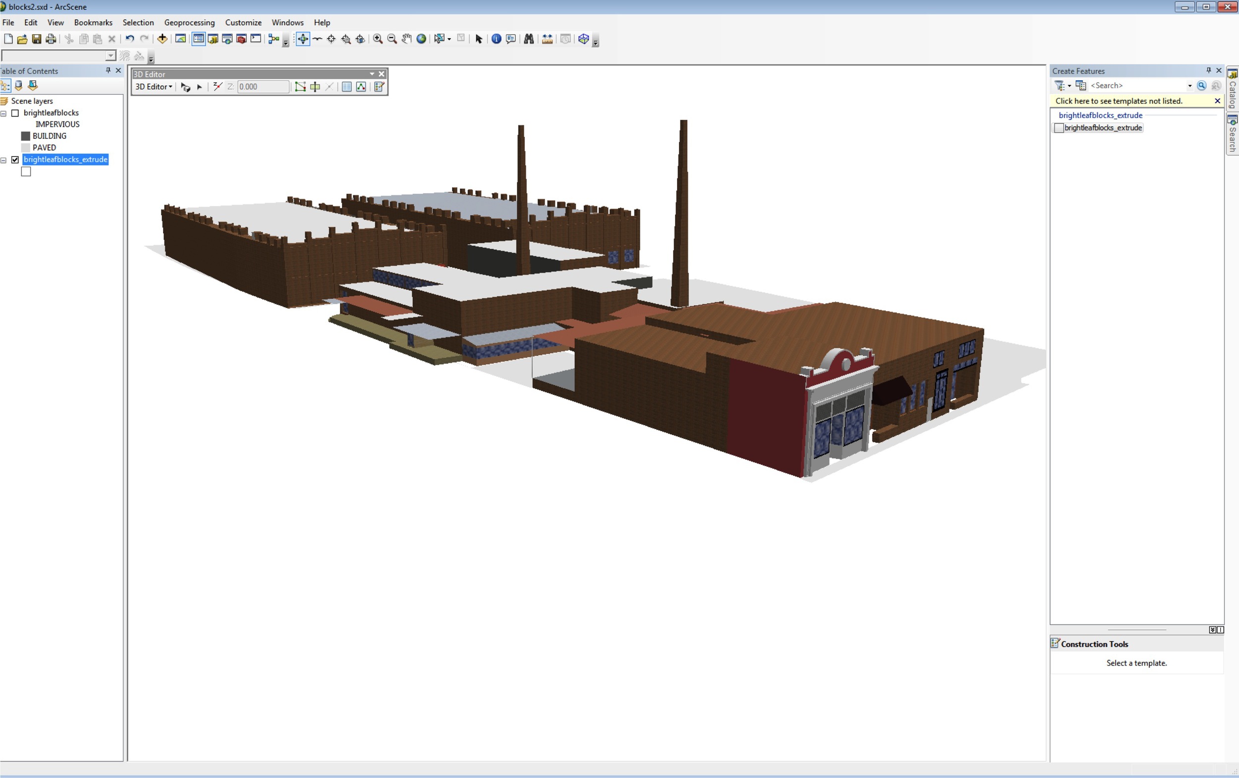 The same models, viewed in ArcScene. Through my workflow I was able to retain full 3D analysis capabilities.