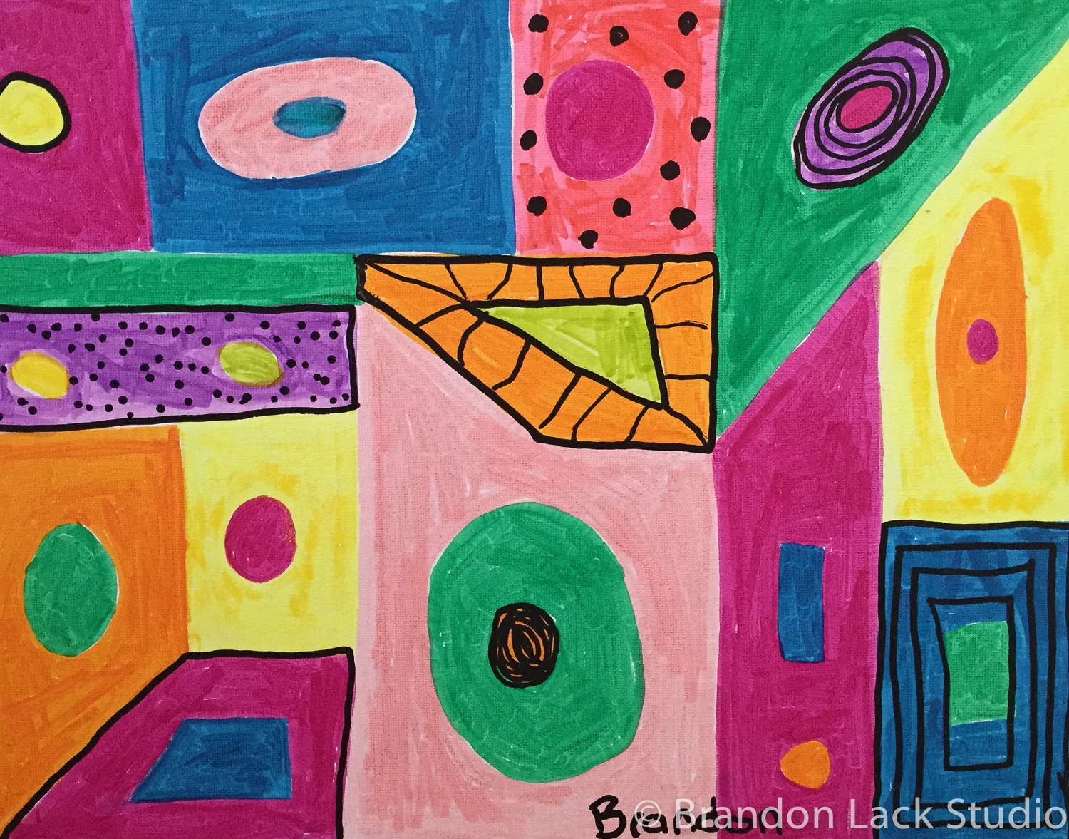Circles with Green Triangle, 2015. Oil based markers on flat canvas. 11 x 14 inches. Unframed.