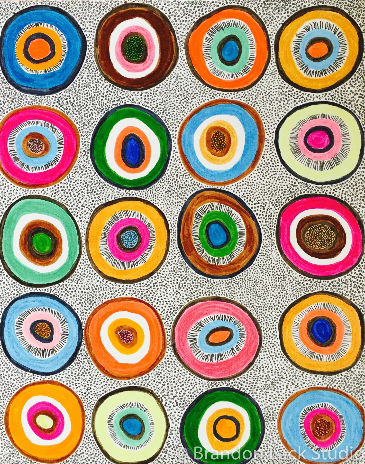 Circles in Circles in Circles 4, 2015. Paint markers on canvas. 16 x 20 inches. Unframed.