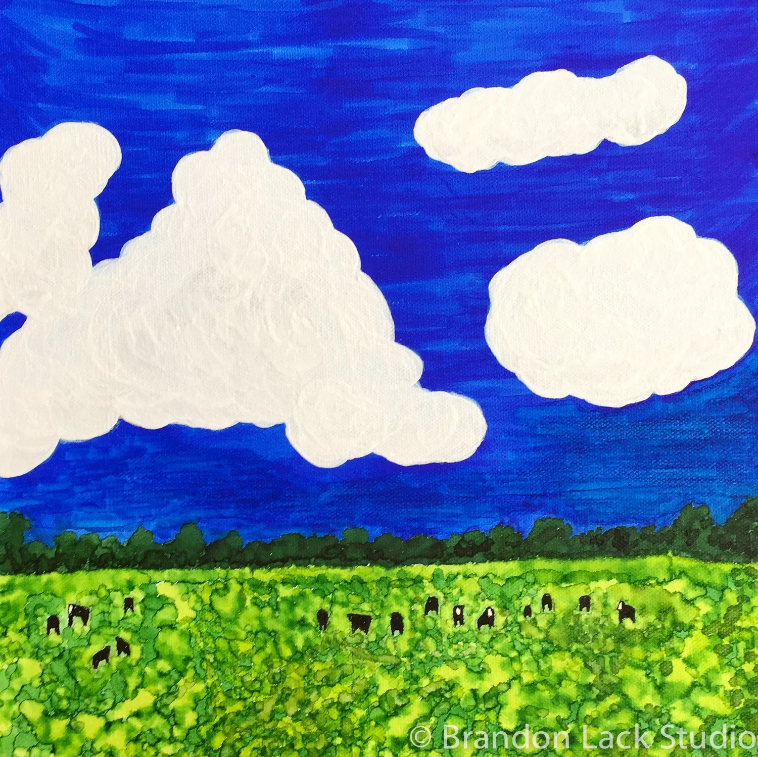 Cows on the Hay Field, 2015. Mixed media on thick canvas. 12 x 12 inches. Unframed.