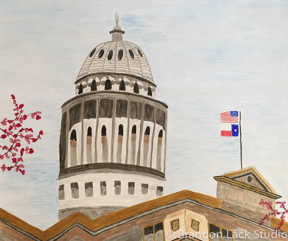 Capitol of Texas with Crepe Myrtle, October 2015. Paint markers on canvas. 20 x 24 inches. Unframed.
