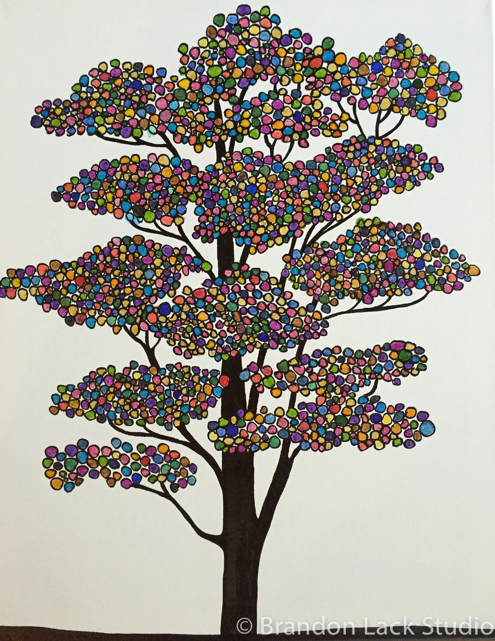 Tree with Tiny Bubbles 7, November 2015. Paint markers on canvas. 16 x 20 inches. Unframed.