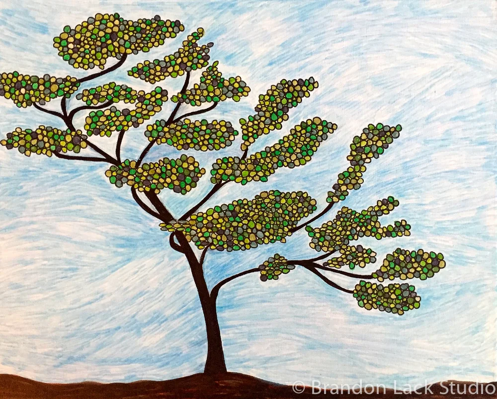 Cynthia's Tree in the Wind, November 2015. Paint markers on canvas. 16 x 20 inches. Unframed.