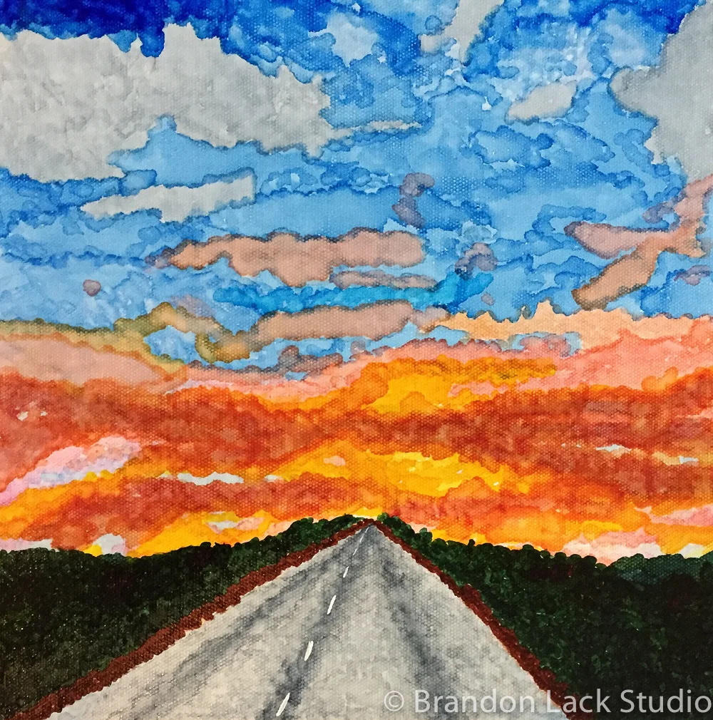 Pink at Night is a Sailors Delight 1, September 2015. Paint markers on thick canvas. 12 x 12 inches. Unframed.
