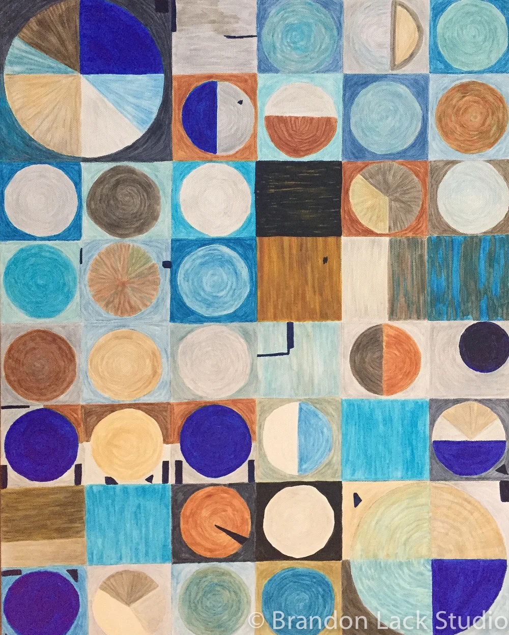 Blue Crop Circles, January 2016. Paint markers on thick canvas. 16 x 20 inches. Unframed.