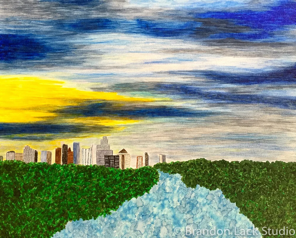 Town Lake in the Morning, April 2016. Paint markers on thick canvas. 16 x 20 inches. Unframed.