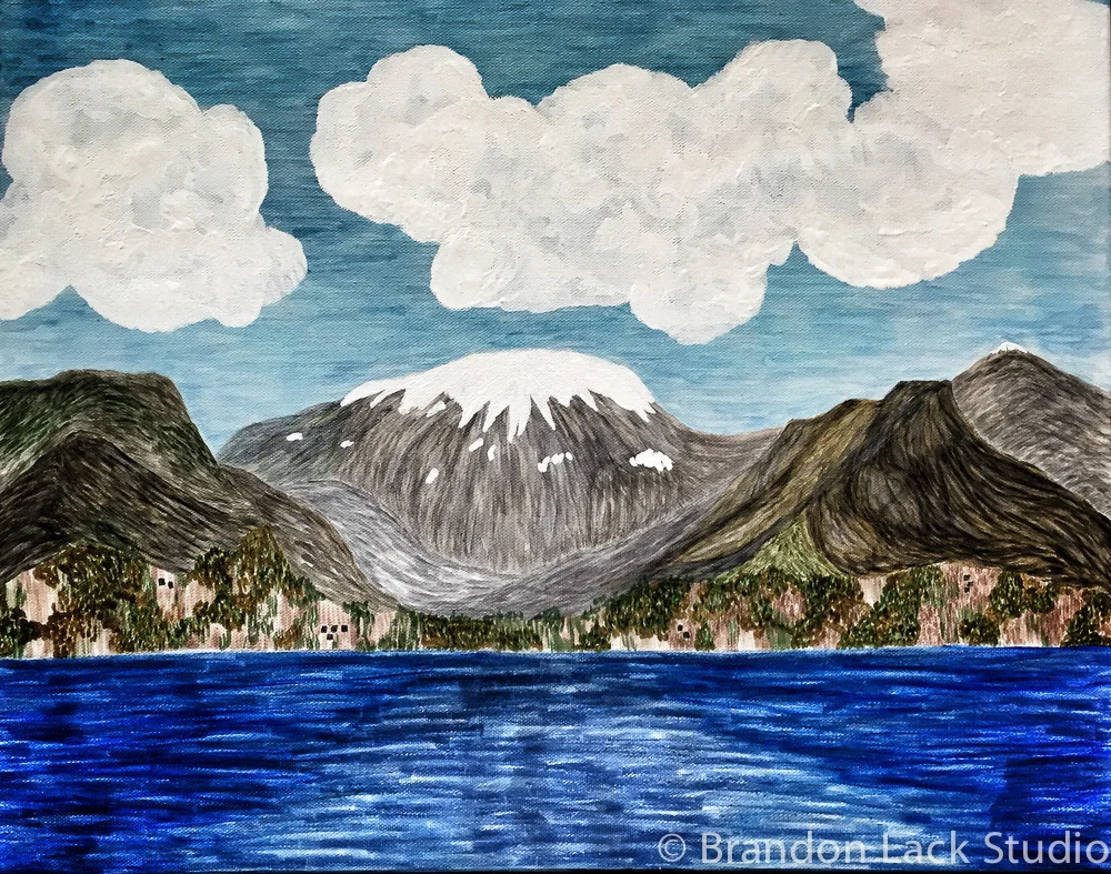 Mountain Vacation, June 2016. Mixed media on thick canvas. 16 x 20 inches. Unframed.