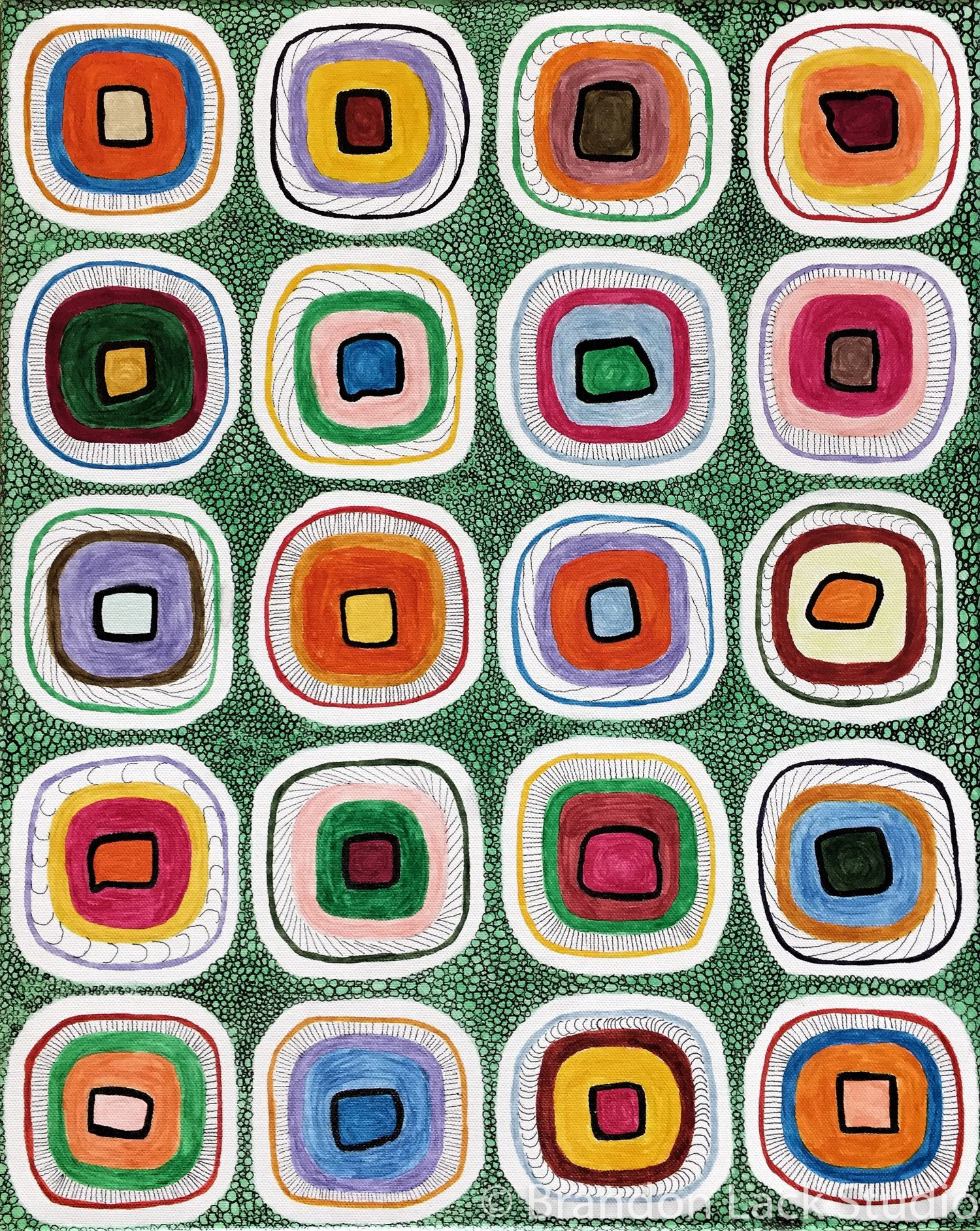 Green Squares in Squares in Squares, September 2016. Paint pens on canvas. Unframed.