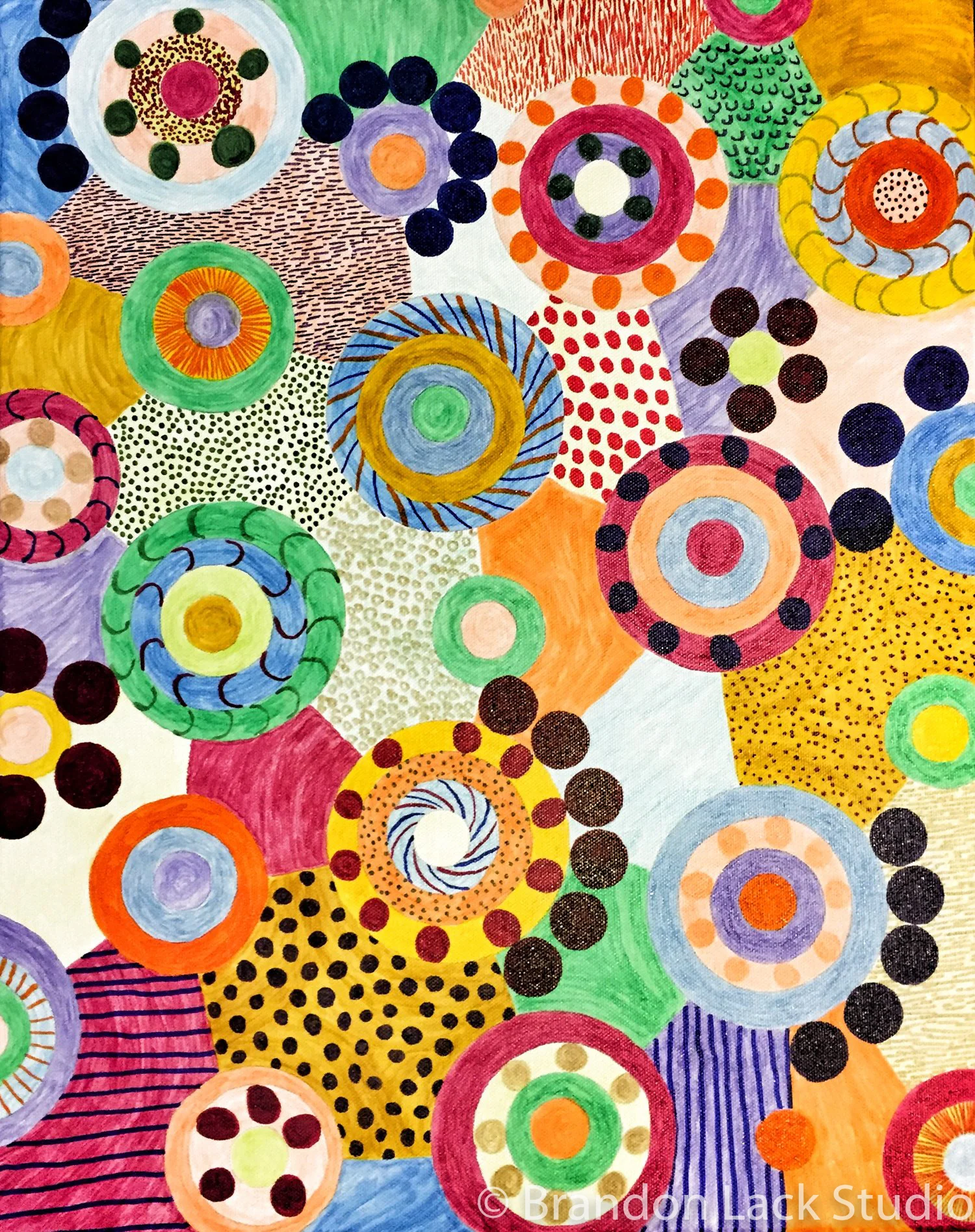 Circles and Dots, August 2016. Paint pens and canvas. 16 x 20 inches. Unframed.
