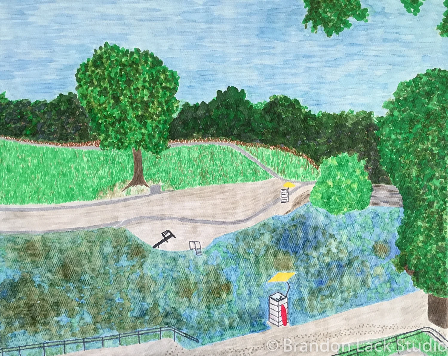 Wet Footprints at Barton Springs Pool, August 2016. Paint pens om canvas. 16 x 20 inches. Unframed.
