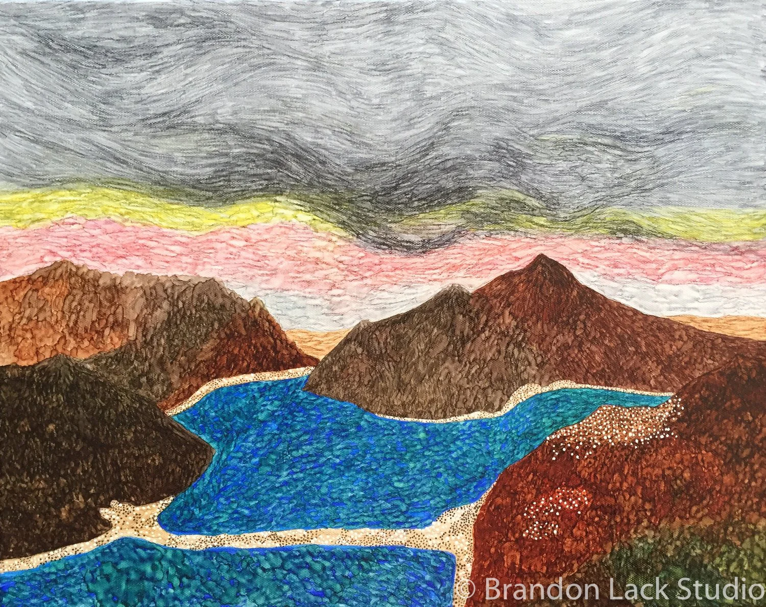 Lake Lugano, July 2017. Paint pens on canvas. 16x20 inches. Unframed.
