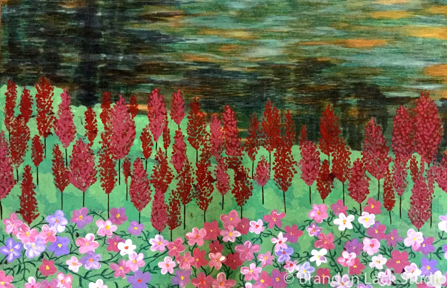 Flowers beside the Road, March 2017. Paint pens on canvas. 24x36 inches. Unframed.