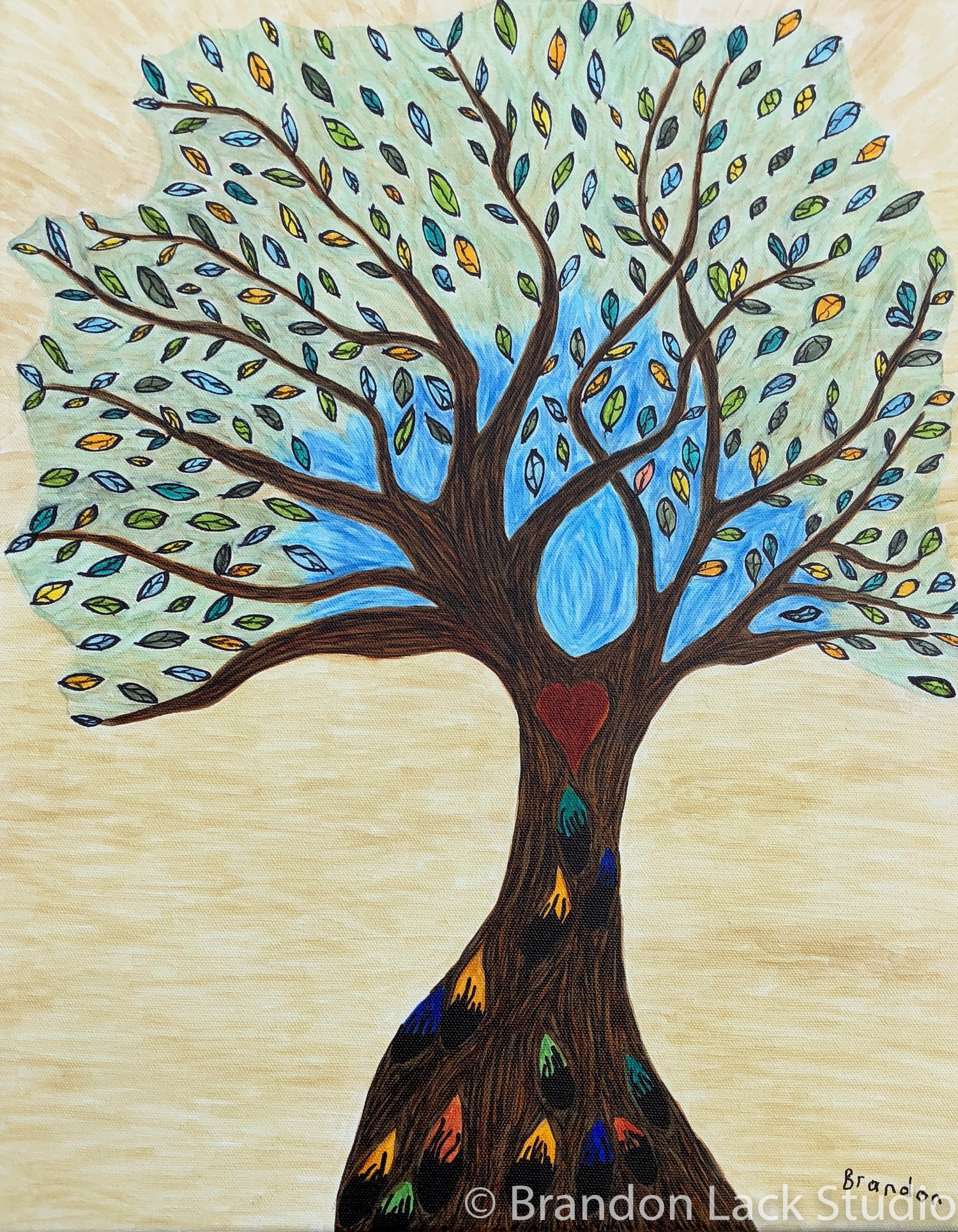 Celebration Company Tree, January 2018. Paint pens on canvas. 16x20 inches with finished sides.