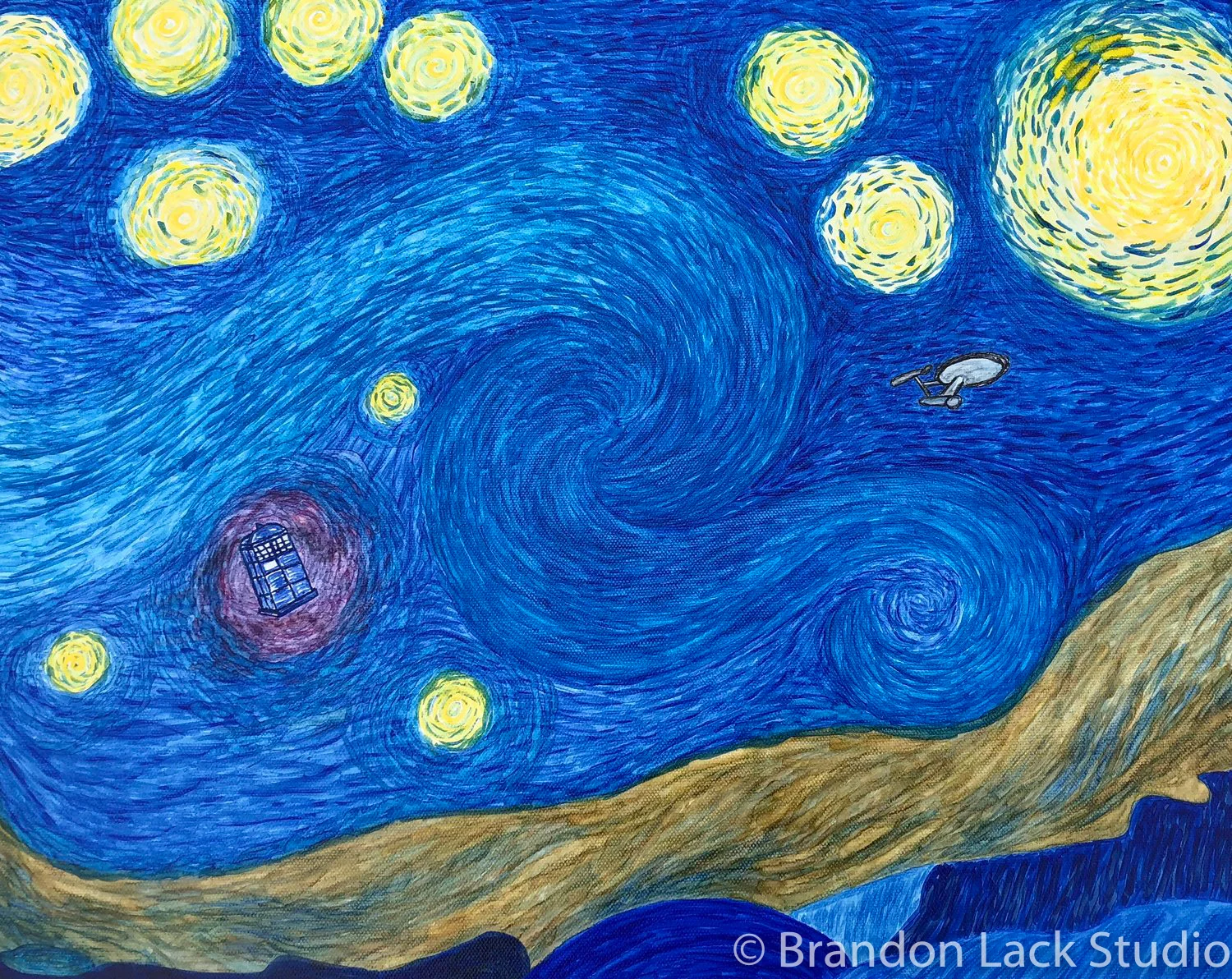Space Travelers, March 2018. Paint pens on canvas. 16x20 inches with finished sides.