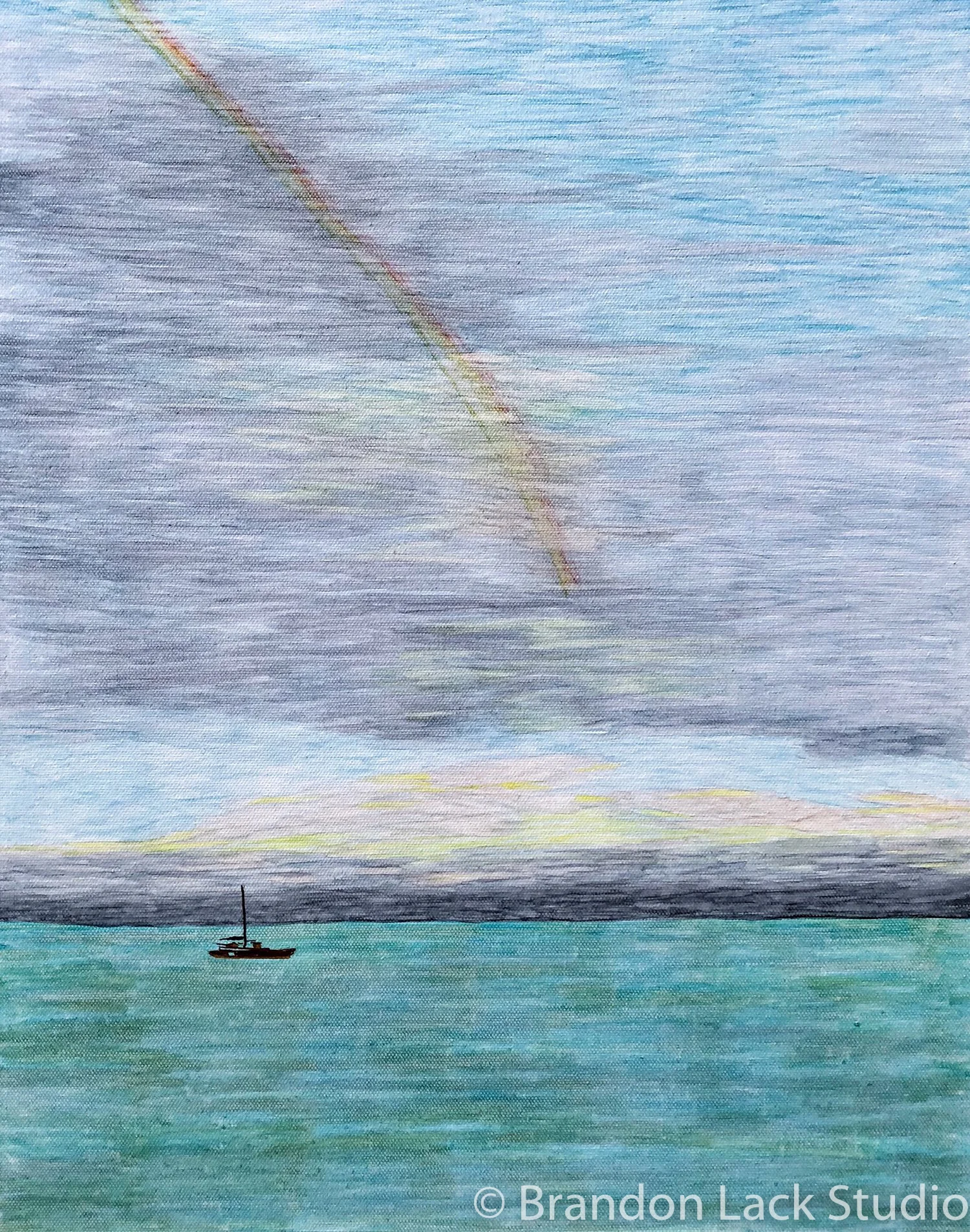 Hawaiian Rainbow Sunrise, April 2018. Paint pens on stretched canvas. 16x20 inches with finished sides.
